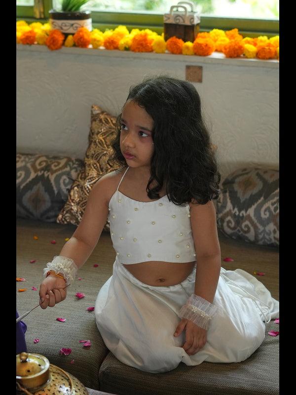 Pearls embedded Waterlife Handwork Pure Muslin Silk Top & Skirt Set - Off White Color - Funny Bones Clothings