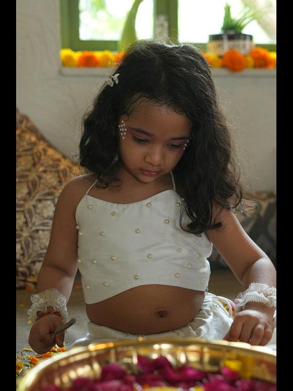 Pearls embedded Waterlife Handwork Pure Muslin Silk Top & Skirt Set - Off White Color - Funny Bones Clothings