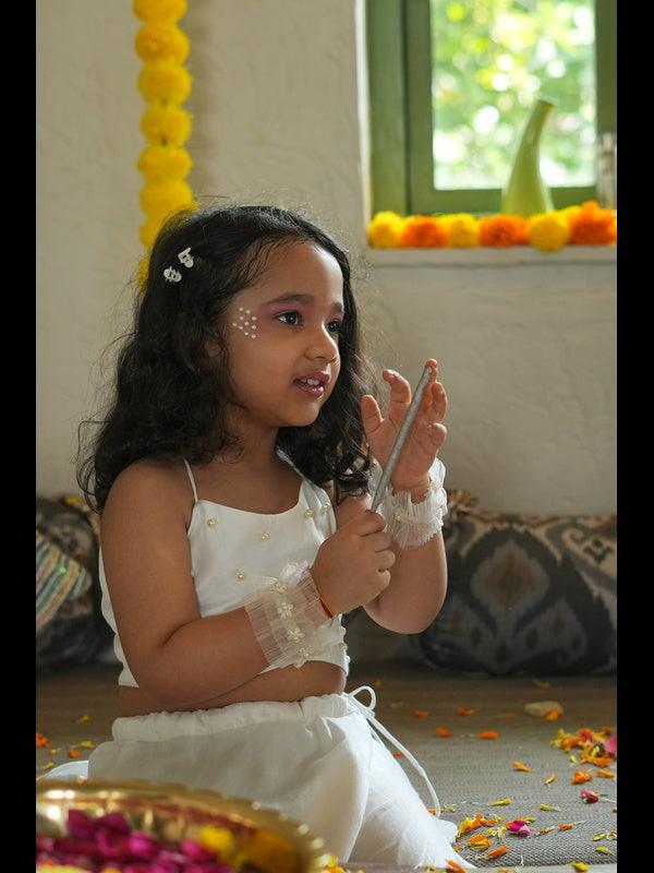 Pearls embedded Waterlife Handwork Pure Muslin Silk Top & Skirt Set - Off White Color - Funny Bones Clothings