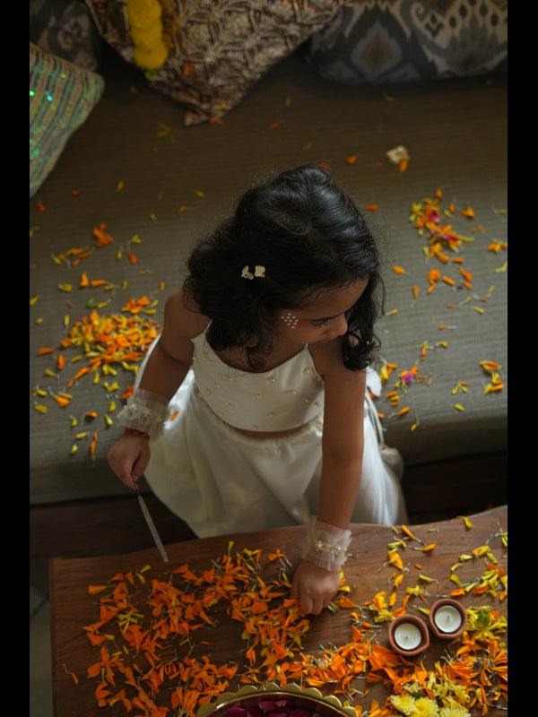 Pearls embedded Waterlife Handwork Pure Muslin Silk Top & Skirt Set - Off White Color - Funny Bones Clothings