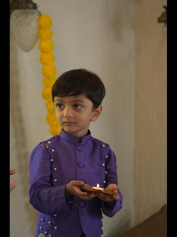 Pearls embedded Waterlife Pure Muslin Silk Koti Kurta Pajama Set - Funny Bones Clothings