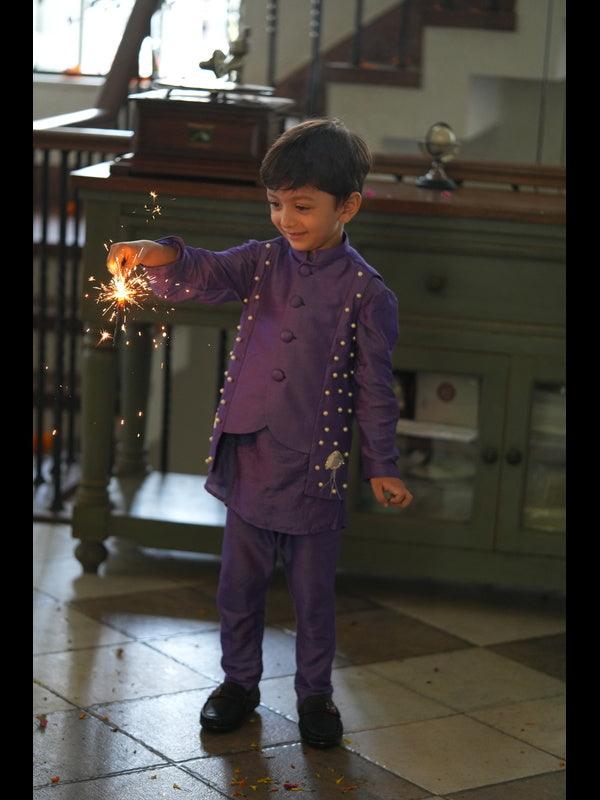 Pearls embedded Waterlife Pure Muslin Silk Koti Kurta Pajama Set - Funny Bones Clothings