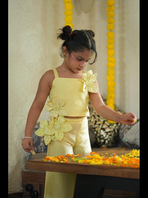 Pearl Embeded Sunflower Pure Organza Top Plazzo Set - Yellow Color - Funny Bones Clothings