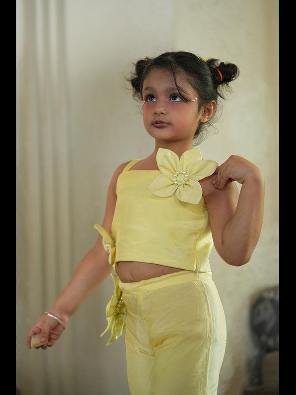 Pearl Embeded Sunflower Pure Organza Top Plazzo Set - Yellow Color - Funny Bones Clothings
