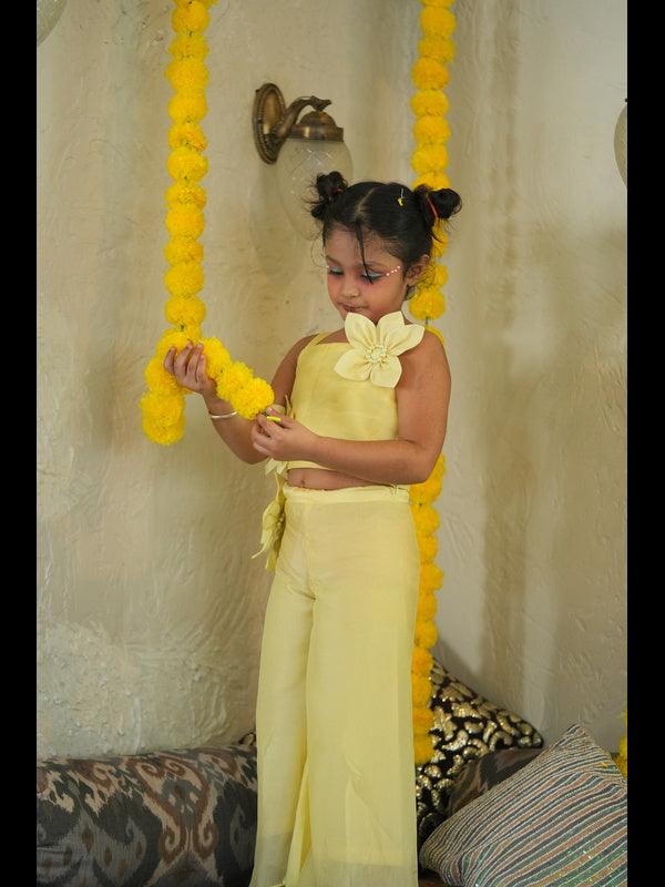 Pearl Embeded Sunflower Pure Organza Top Plazzo Set - Yellow Color - Funny Bones Clothings