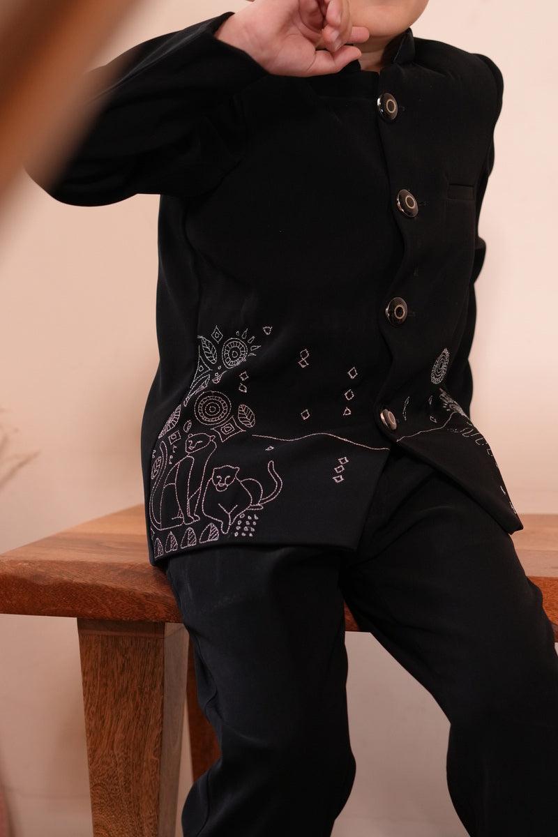 Midnight Prowl Themed Embriodered Bandgala Jodhpuri Blazer Set