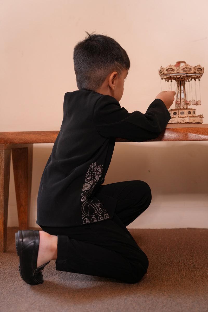 Midnight Prowl Themed Embriodered Bandgala Jodhpuri Blazer Set