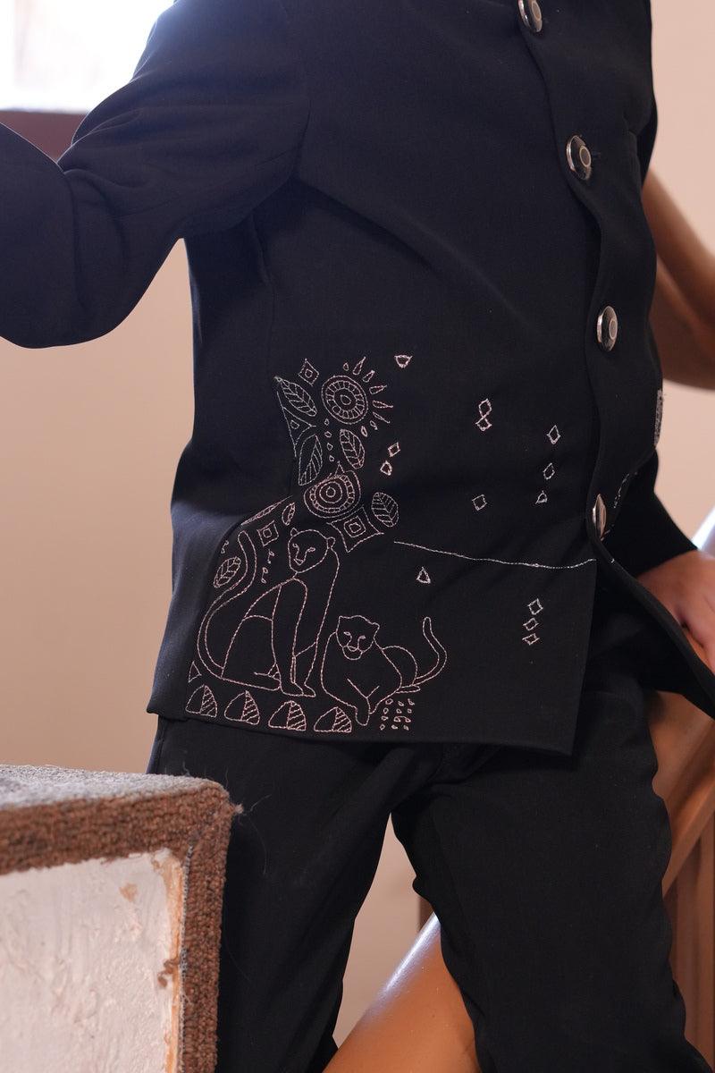 Midnight Prowl Themed Embriodered Bandgala Jodhpuri Blazer Set
