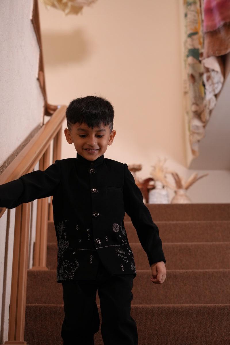 Midnight Prowl Themed Embriodered Bandgala Jodhpuri Blazer Set