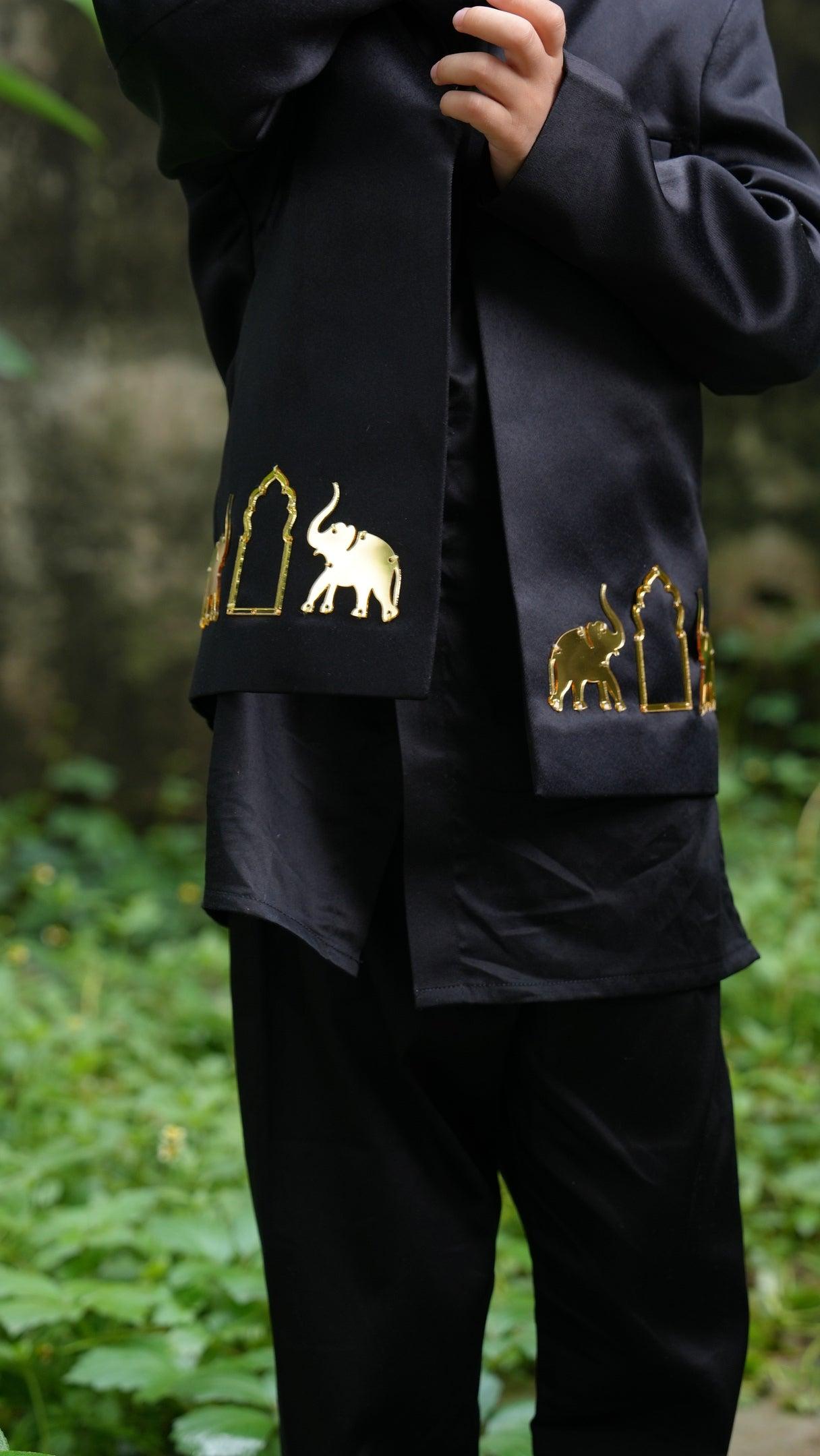 Royal Elephant Work Premium Satin Jodhpuri Open Jacket with Kurta Pajama Set - Funny Bones Clothings