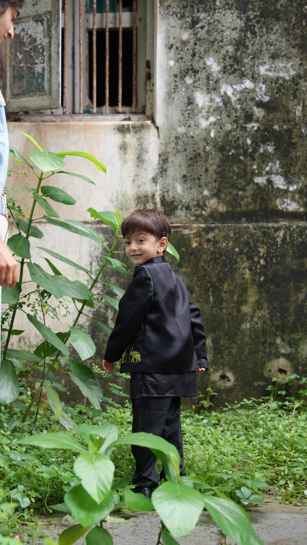 Royal Elephant Work Premium Satin Jodhpuri Open Jacket with Kurta Pajama Set - Funny Bones Clothings