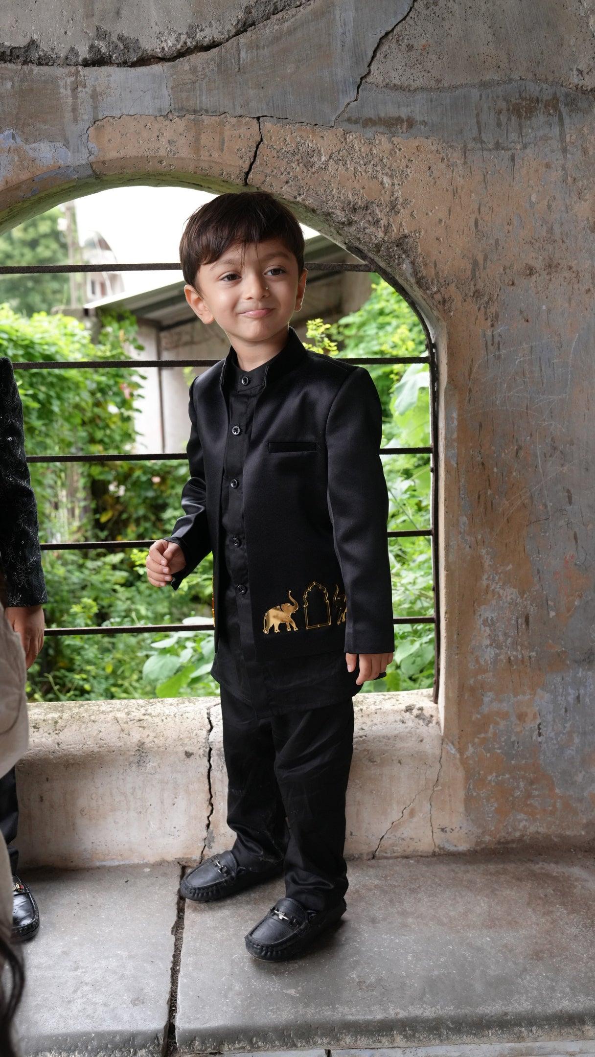 Royal Elephant Work Premium Satin Jodhpuri Open Jacket with Kurta Pajama Set - Funny Bones Clothings