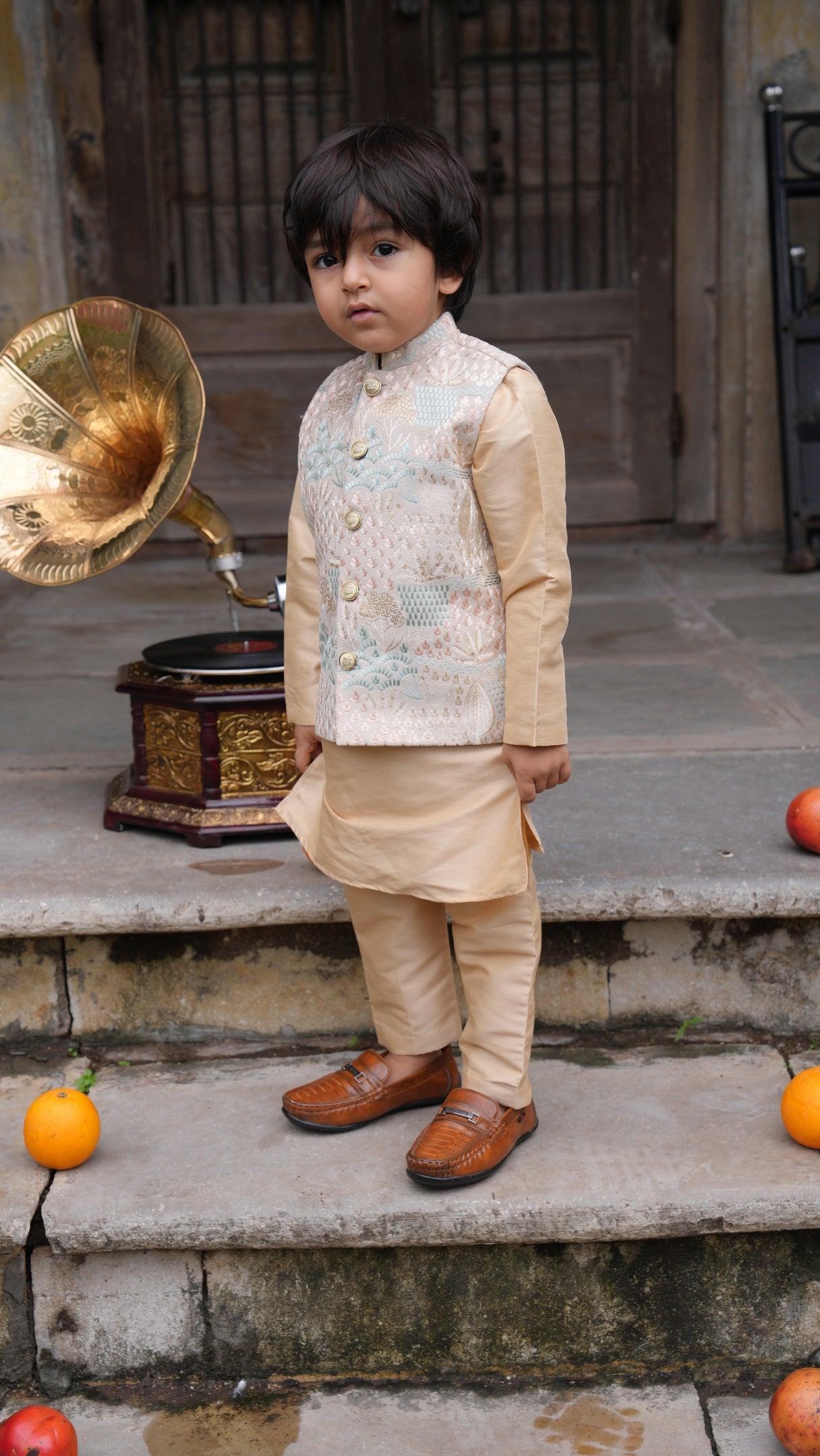 Deer Work Koti with Premium Silk Kurta Pajama Set - Funny Bones Clothings