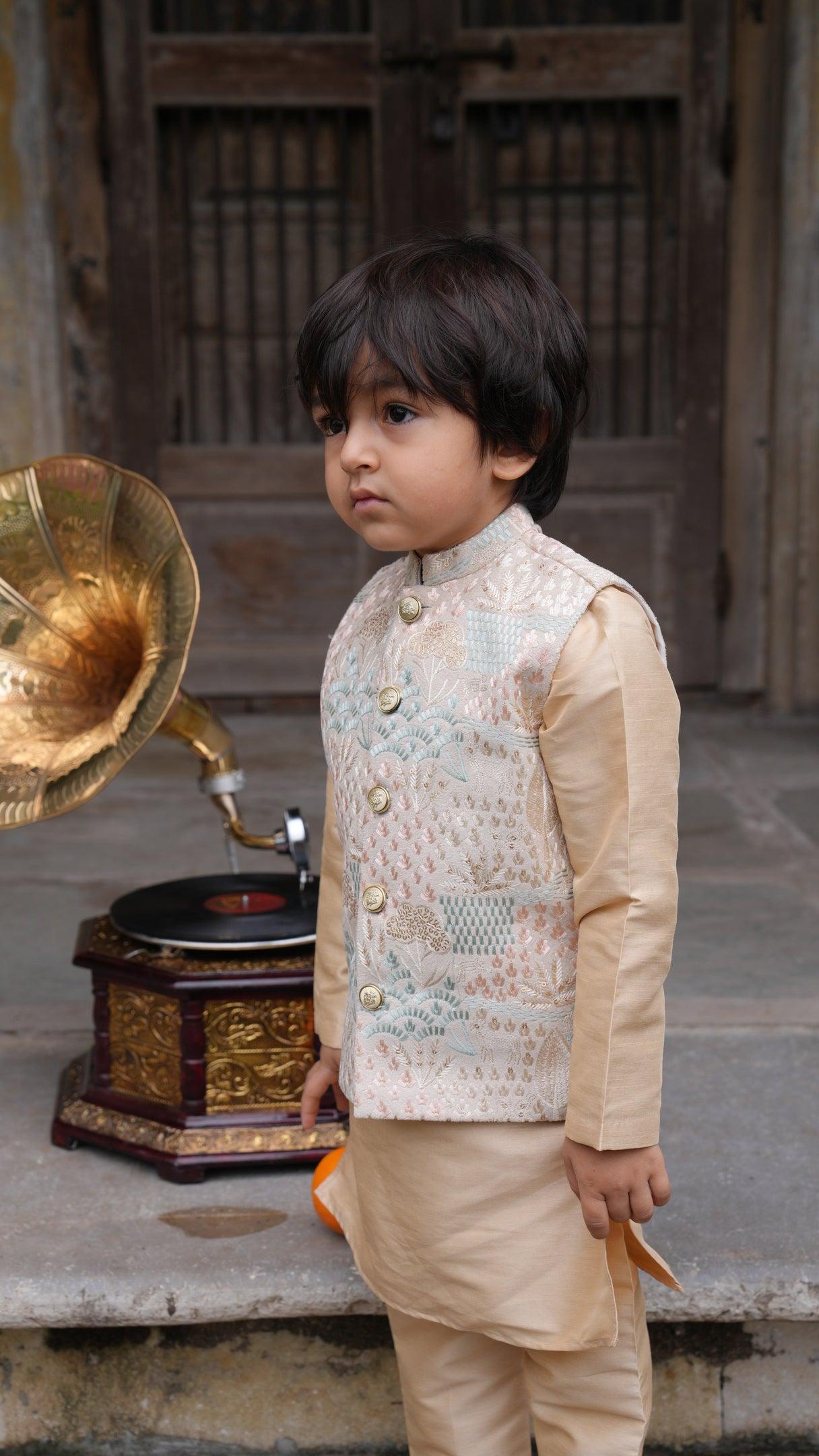 Deer Work Koti with Premium Silk Kurta Pajama Set - Funny Bones Clothings