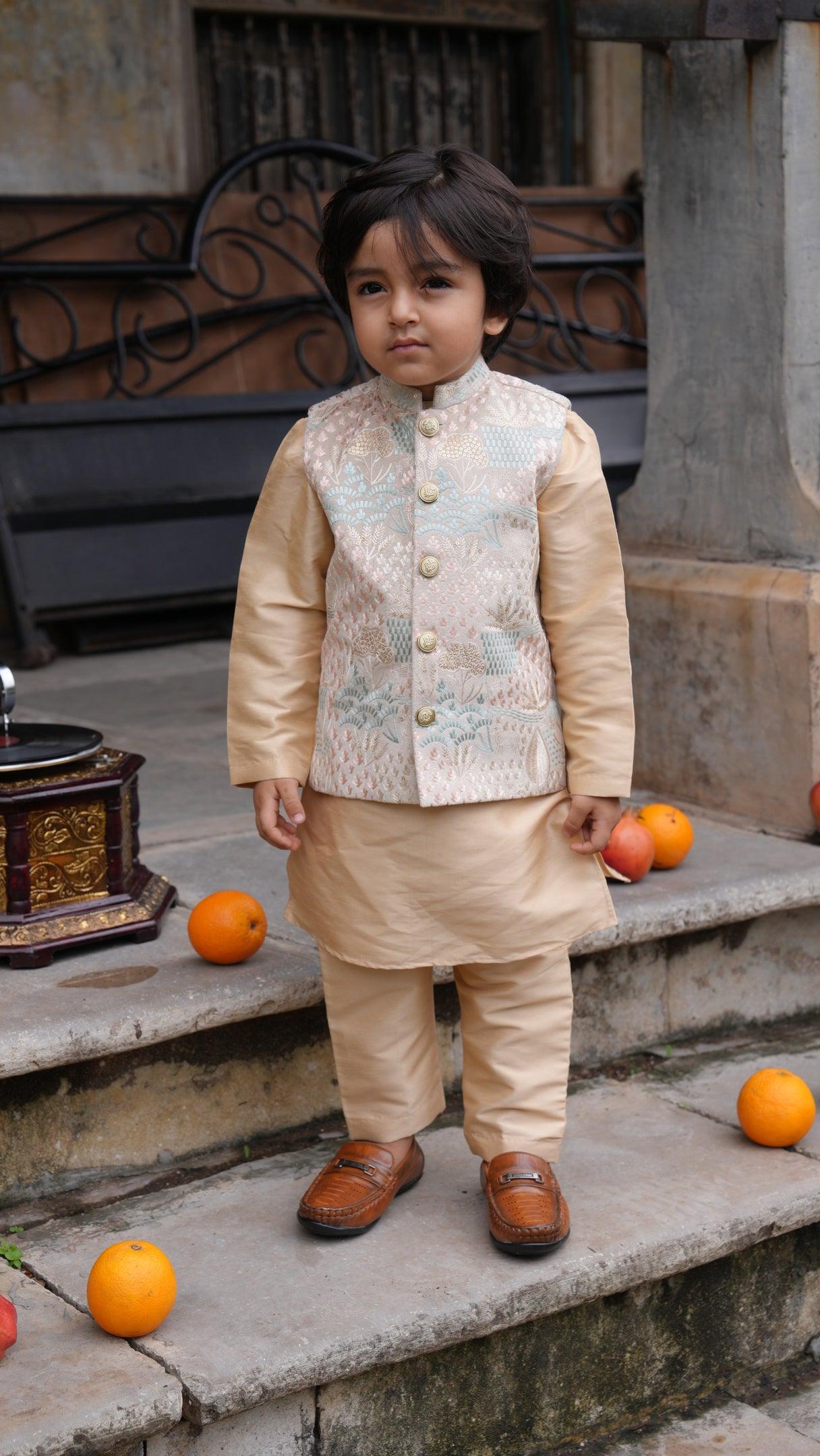 Deer Work Koti with Premium Silk Kurta Pajama Set - Funny Bones Clothings