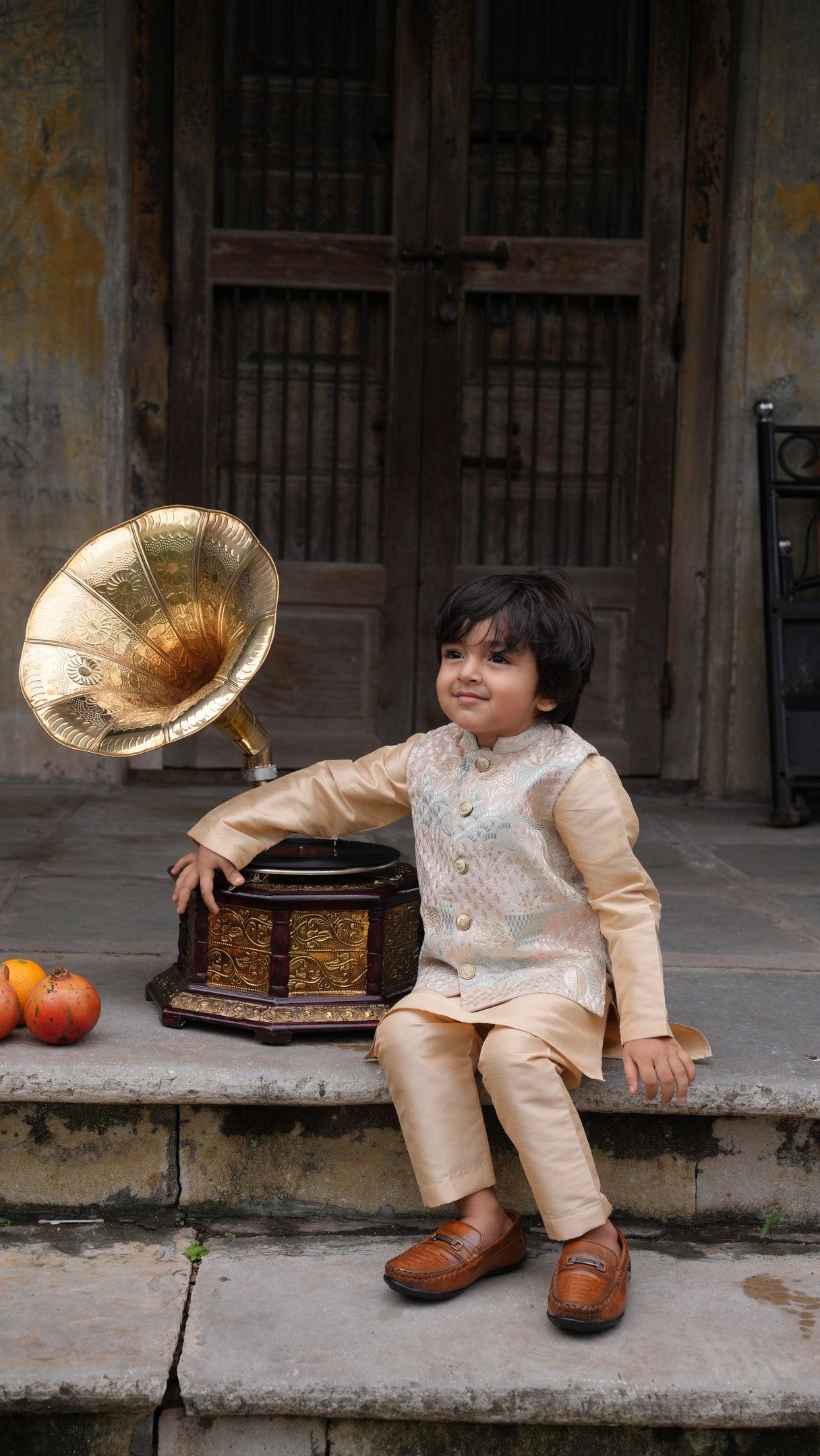 Deer Work Koti with Premium Silk Kurta Pajama Set - Funny Bones Clothings