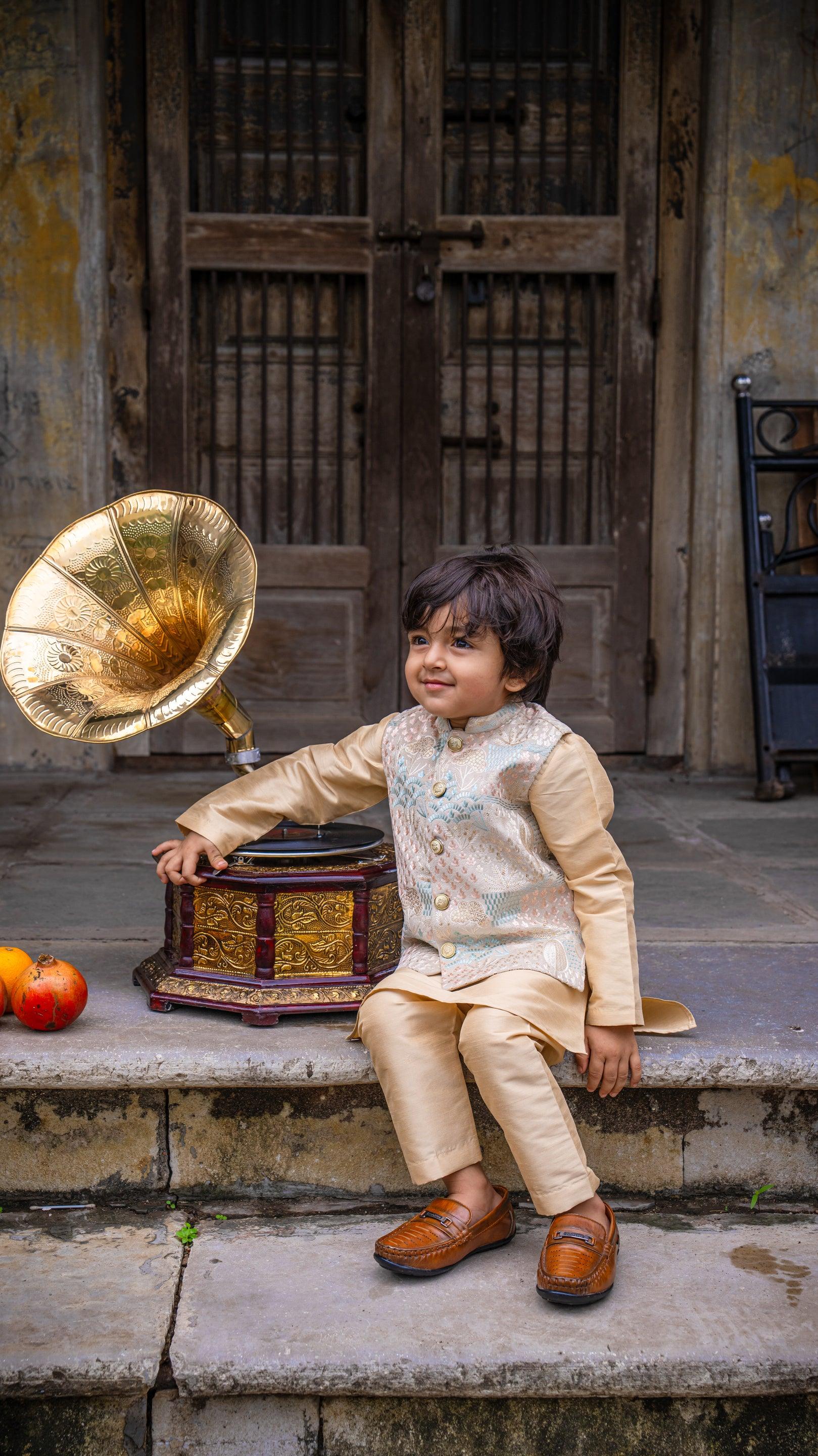 Deer Work Koti with Premium Silk Kurta Pajama Set - Funny Bones Clothings