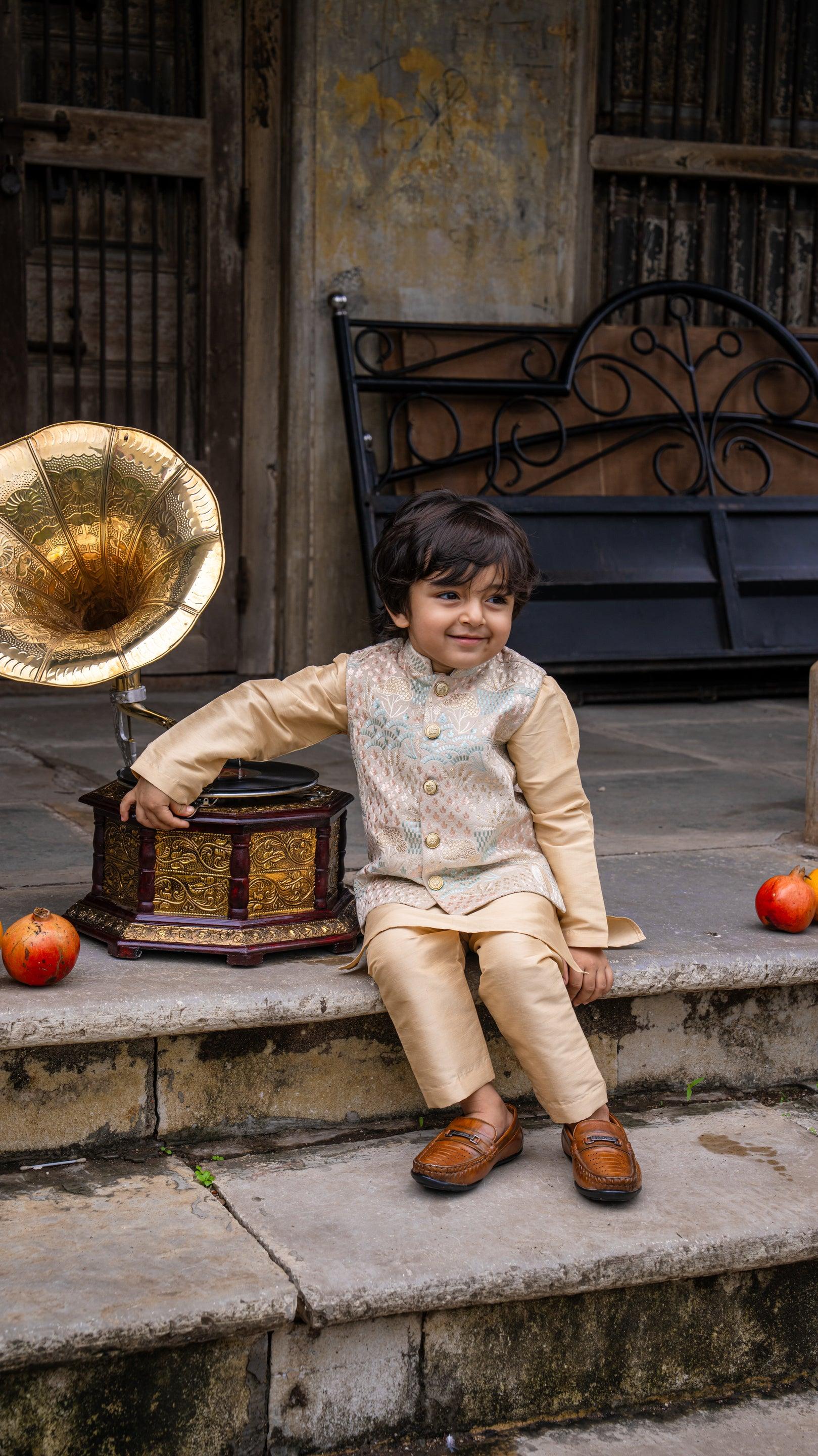 Deer Work Koti with Premium Silk Kurta Pajama Set - Funny Bones Clothings