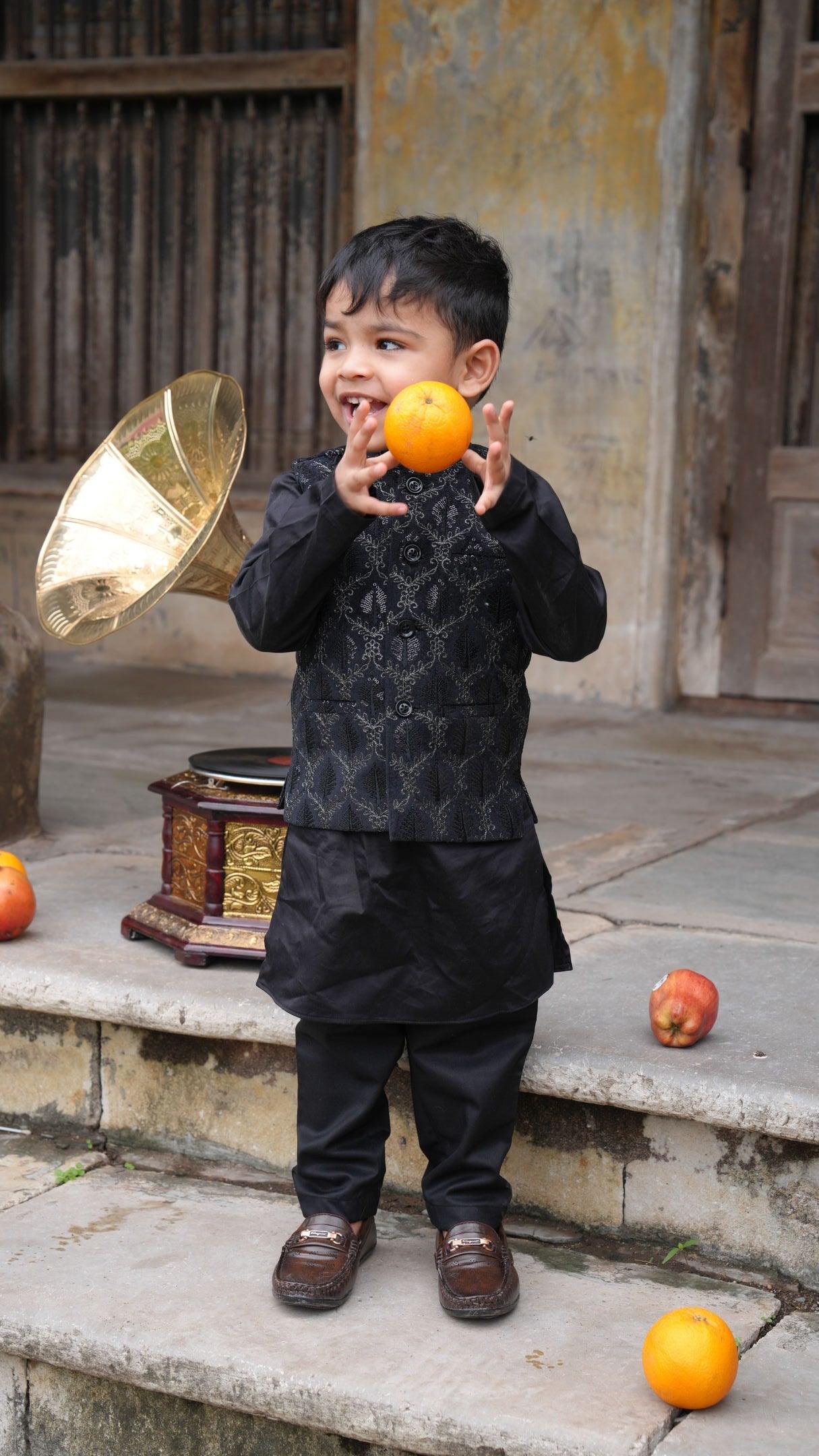 Tree Work Koti with Premium Silk Kurta Pajama Set - Funny Bones Clothings