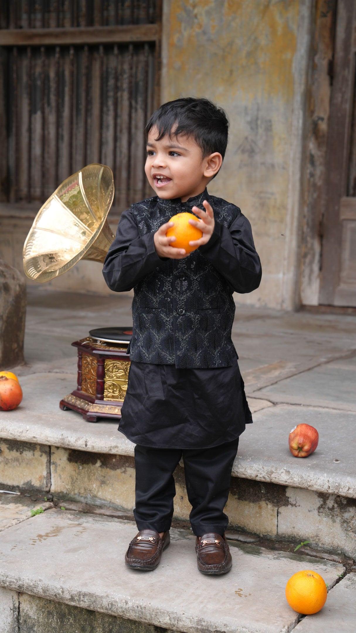 Tree Work Koti with Premium Silk Kurta Pajama Set - Funny Bones Clothings