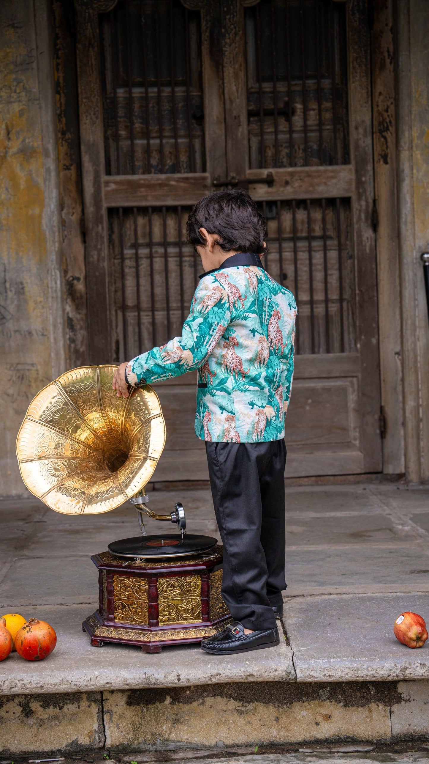 Green Forest and Leopard Printed Linen Blazer with Cotton Shirt and Pants Set with Complimentory Bow - Funny Bones Clothings