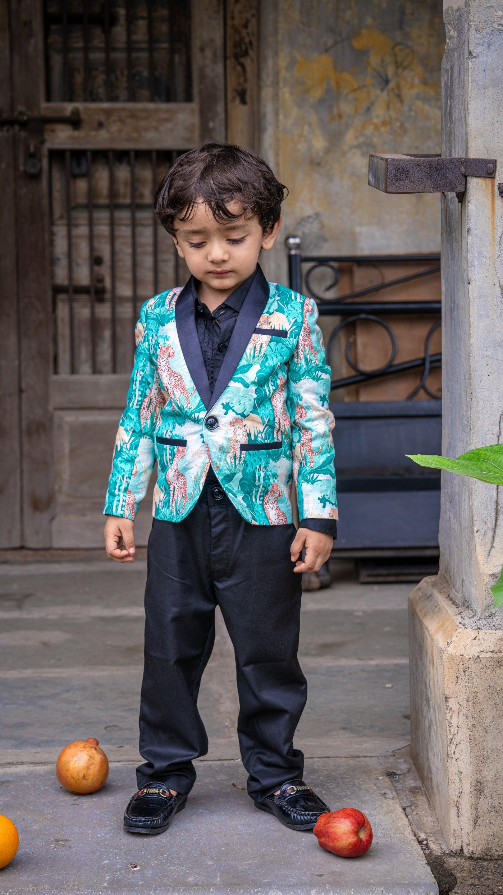 Green Forest and Leopard Printed Linen Blazer with Cotton Shirt and Pants Set with Complimentory Bow - Funny Bones Clothings