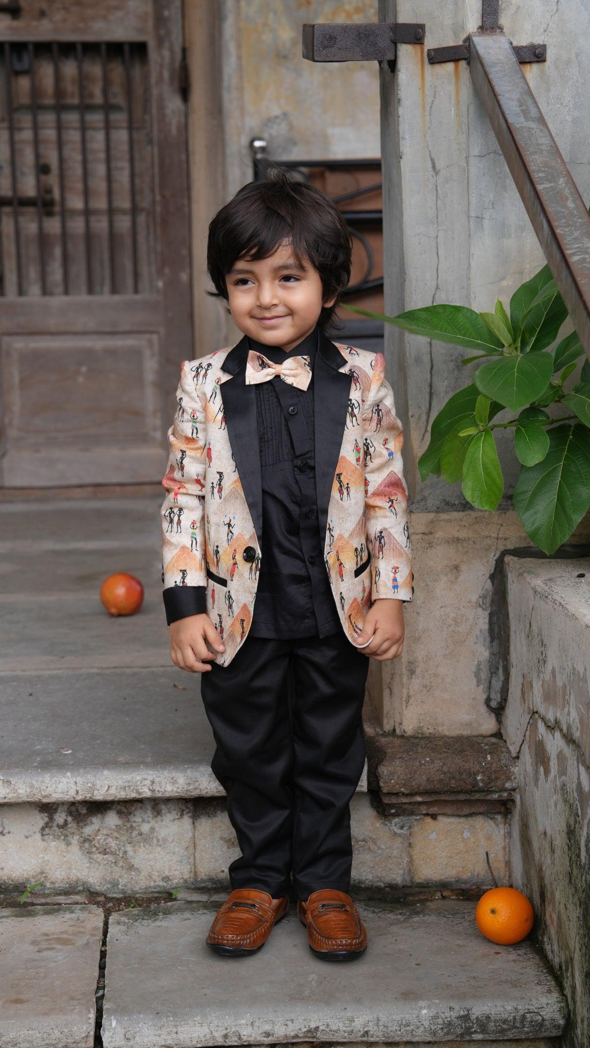 Pyiramid Print Blazer with Pintex Shirt and Black Cotton PantSet with Complimentory Bow - Funny Bones Clothings