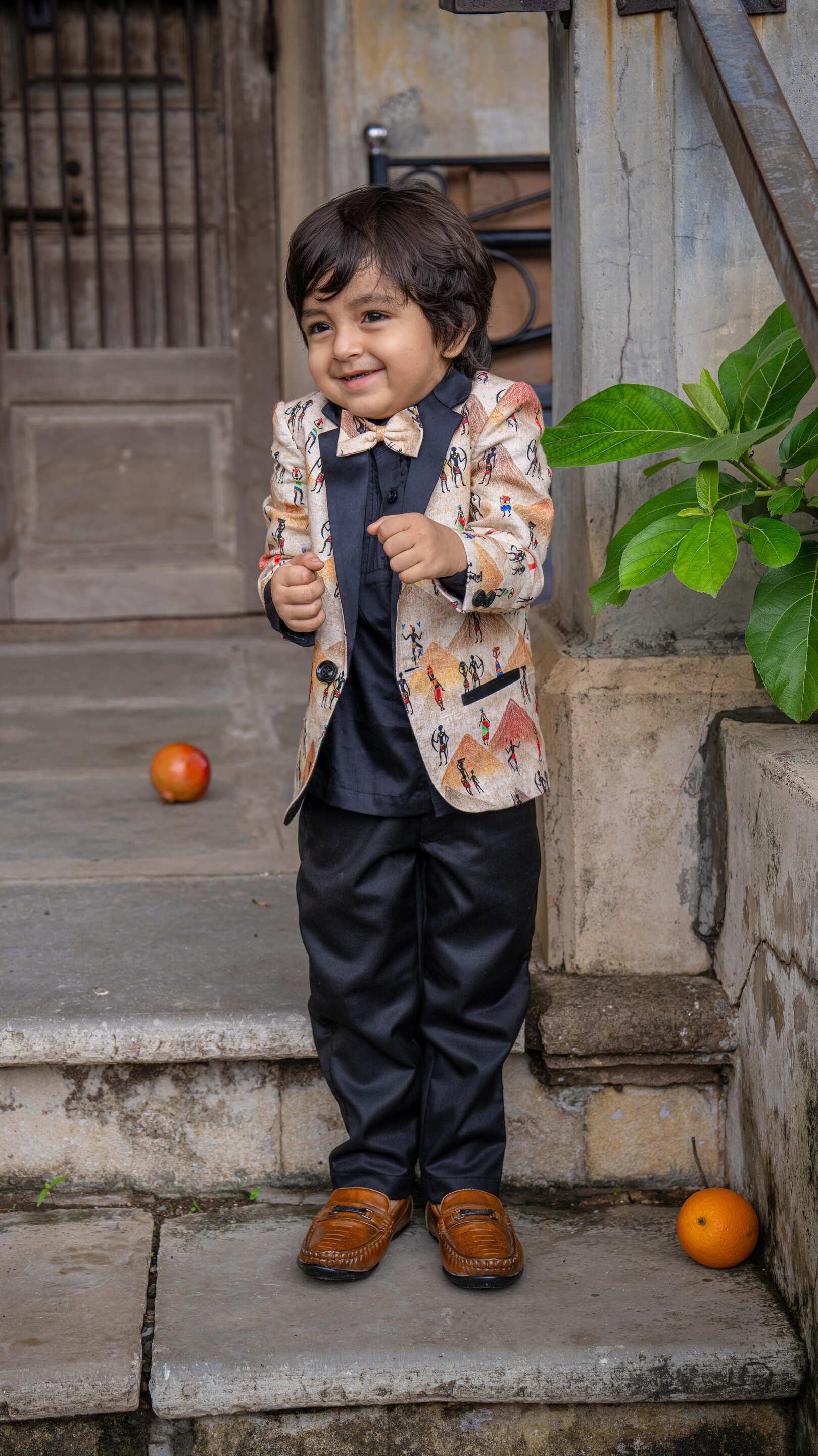 Pyiramid Print Blazer with Pintex Shirt and Black Cotton PantSet with Complimentory Bow - Funny Bones Clothings
