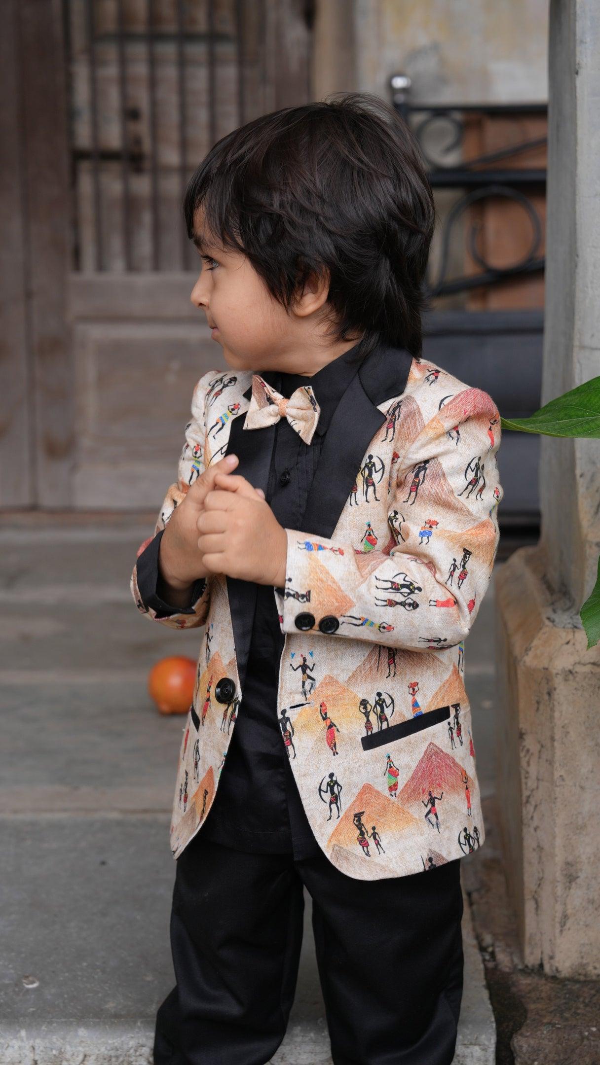 Pyiramid Print Blazer with Pintex Shirt and Black Cotton PantSet with Complimentory Bow - Funny Bones Clothings