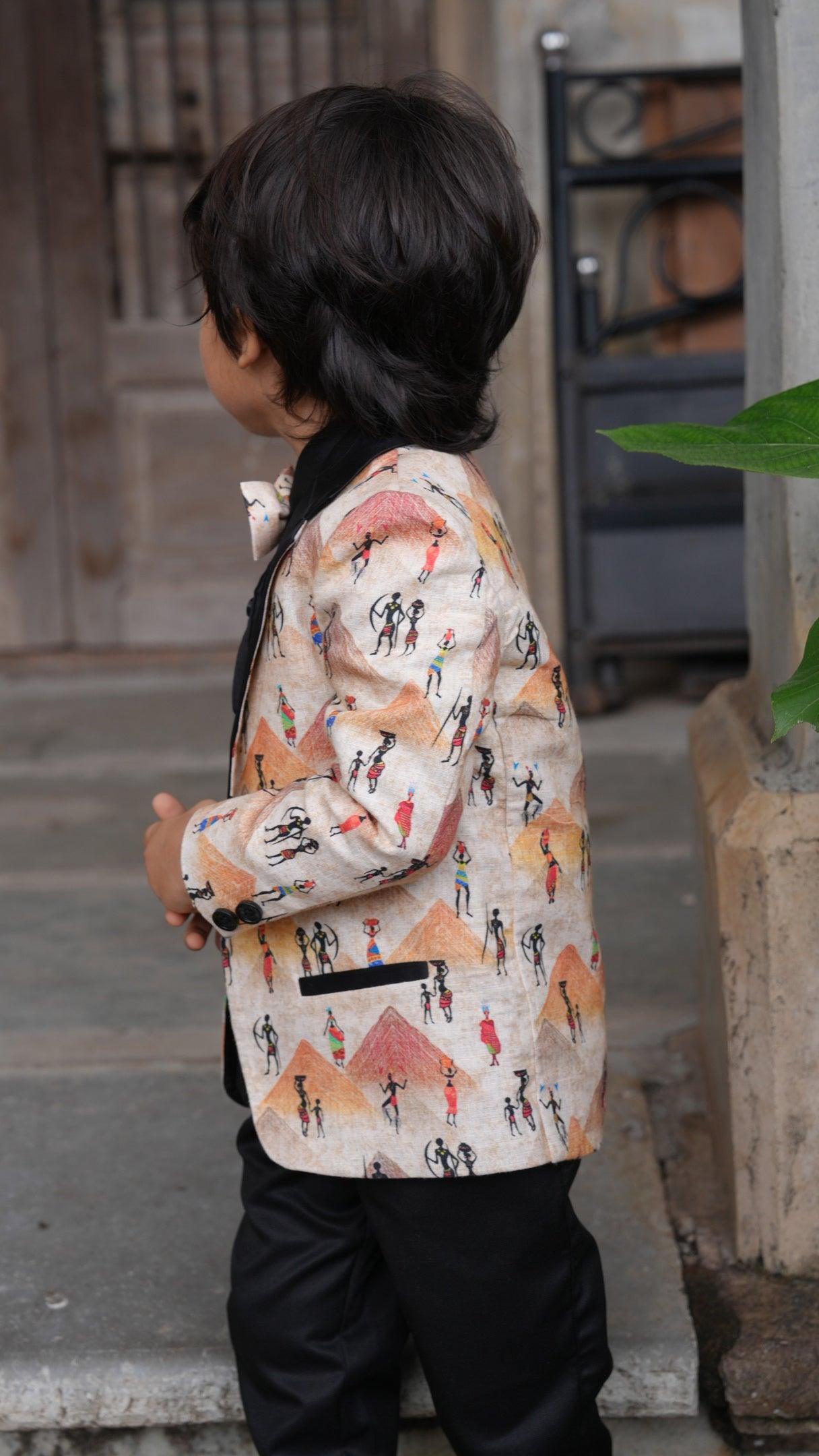 Pyiramid Print Blazer with Pintex Shirt and Black Cotton PantSet with Complimentory Bow - Funny Bones Clothings