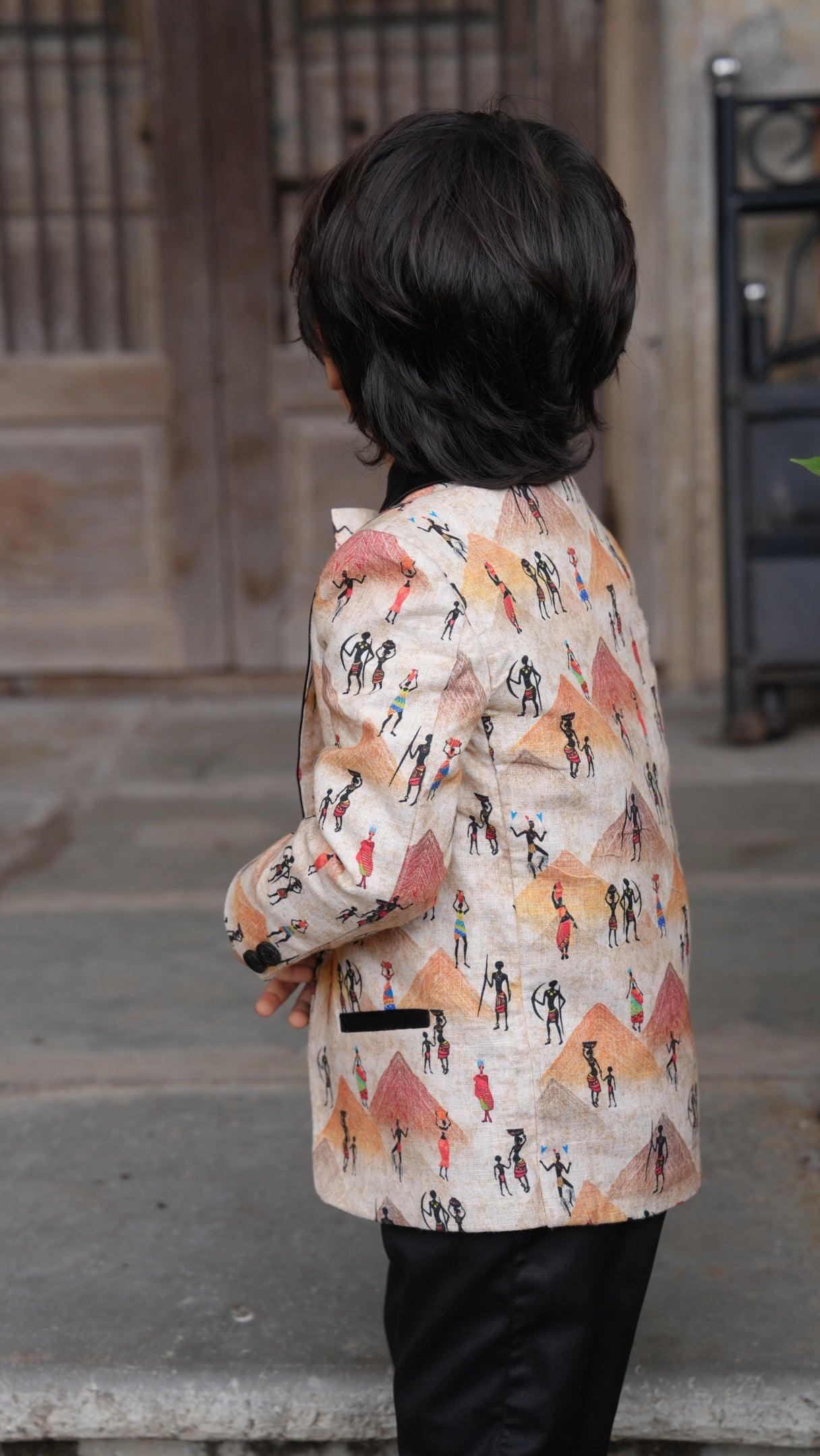 Pyiramid Print Blazer with Pintex Shirt and Black Cotton PantSet with Complimentory Bow - Funny Bones Clothings