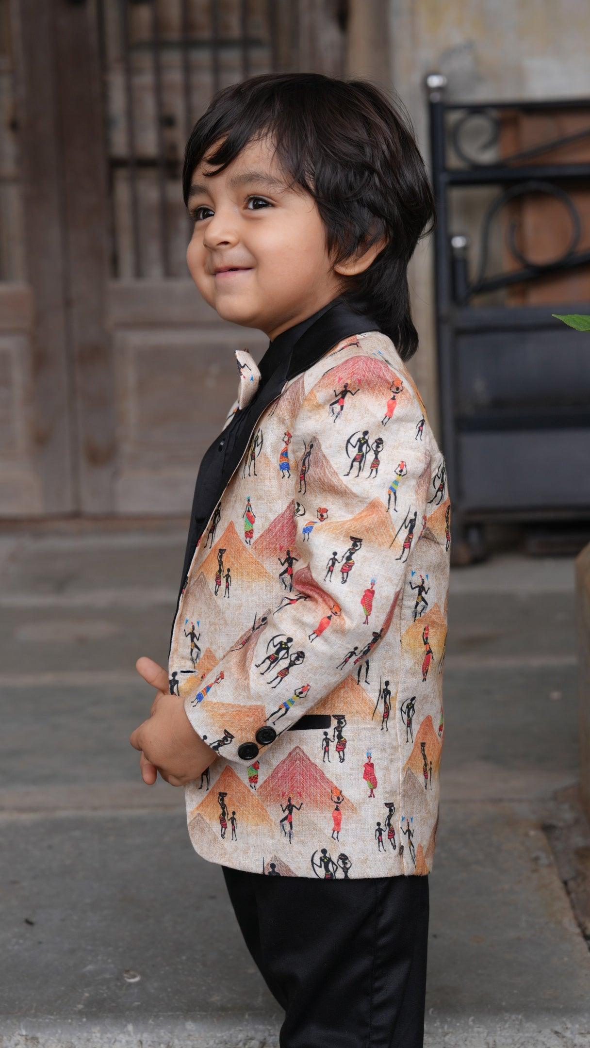 Pyiramid Print Blazer with Pintex Shirt and Black Cotton PantSet with Complimentory Bow - Funny Bones Clothings