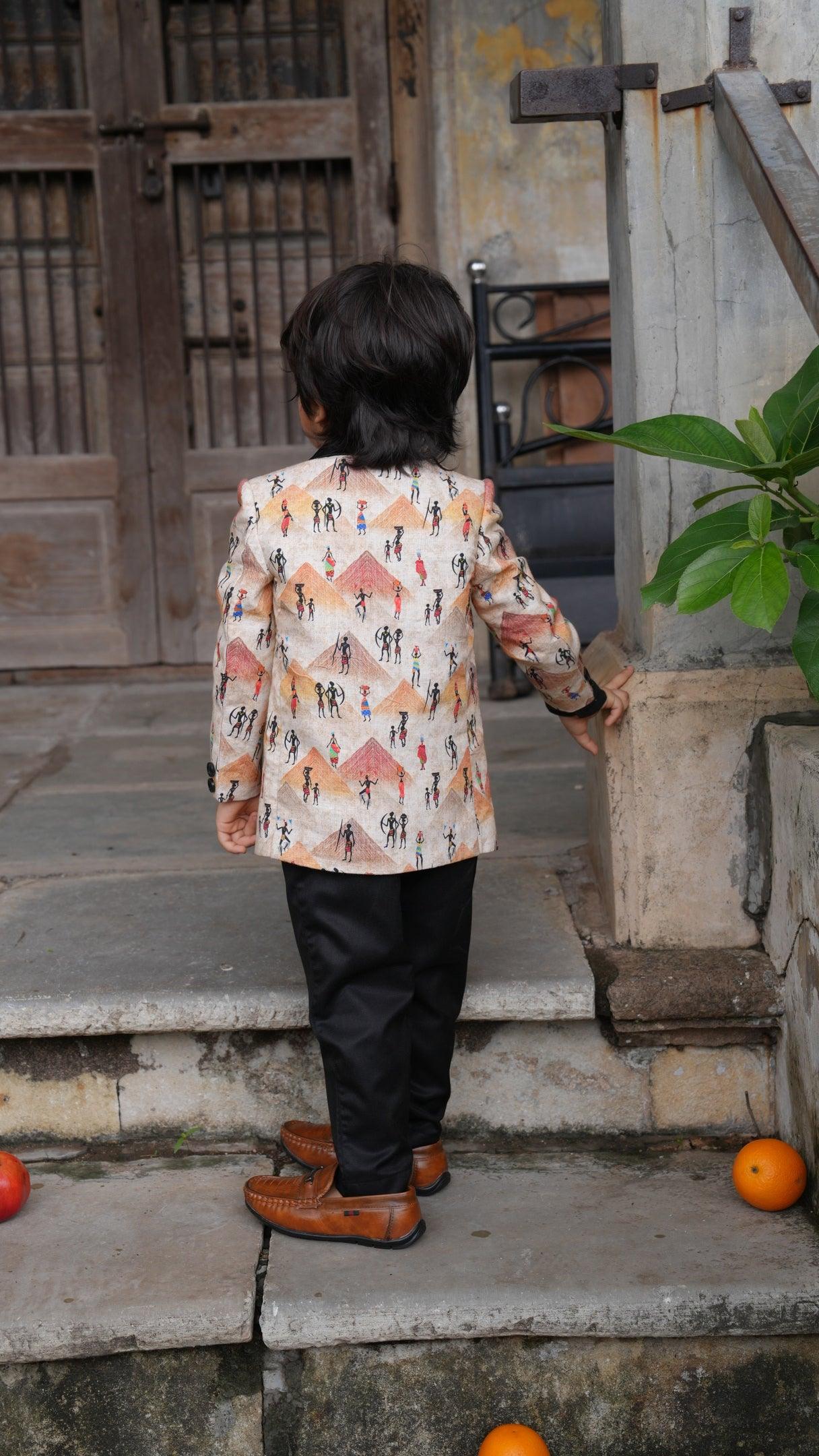 Pyiramid Print Blazer with Pintex Shirt and Black Cotton PantSet with Complimentory Bow - Funny Bones Clothings