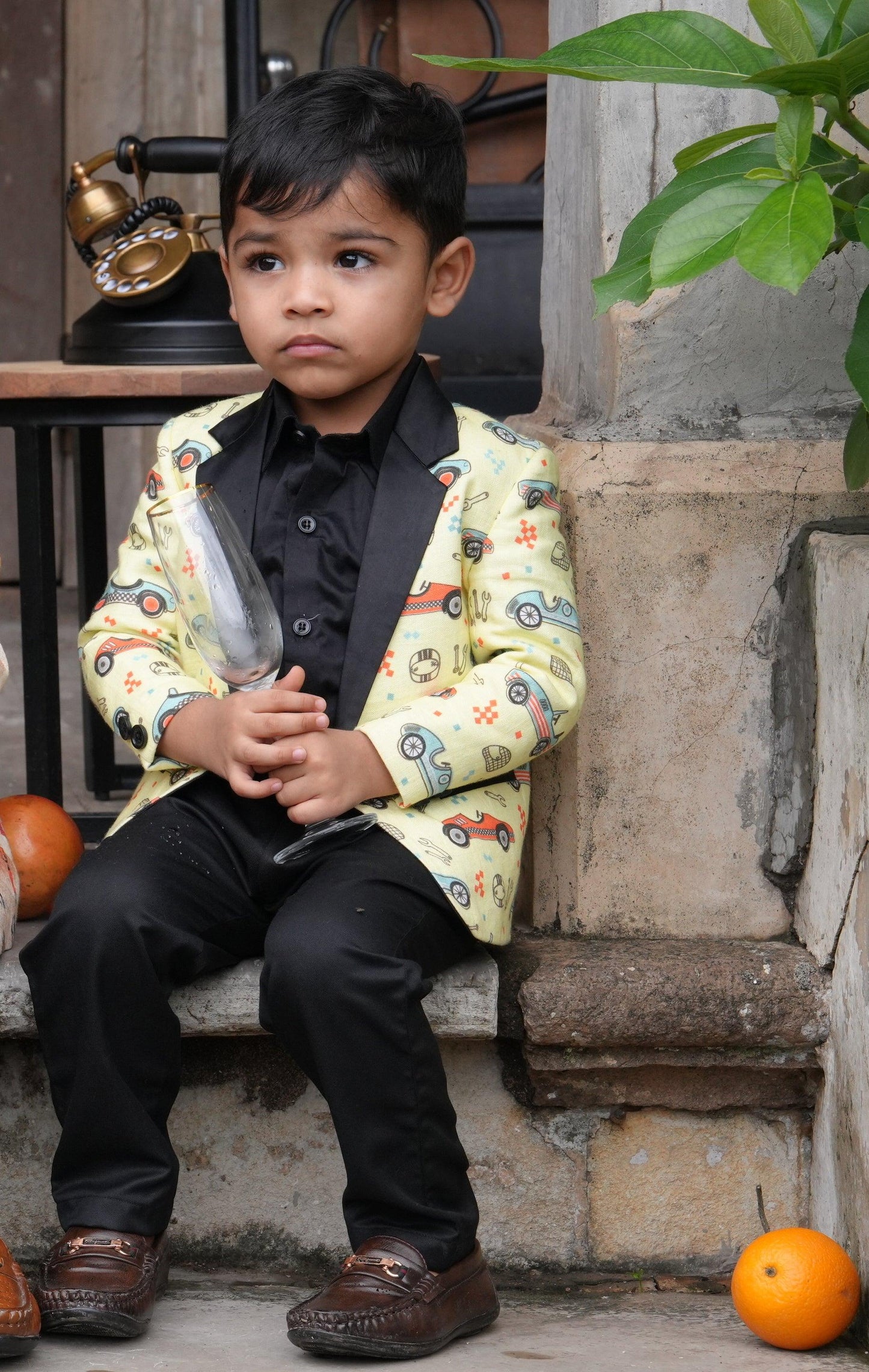 Car Printed Pure Linen Tuxedo Blazer , with cotton shirt and Cotton Pants Set with Complimentory Bow - Funny Bones Clothings