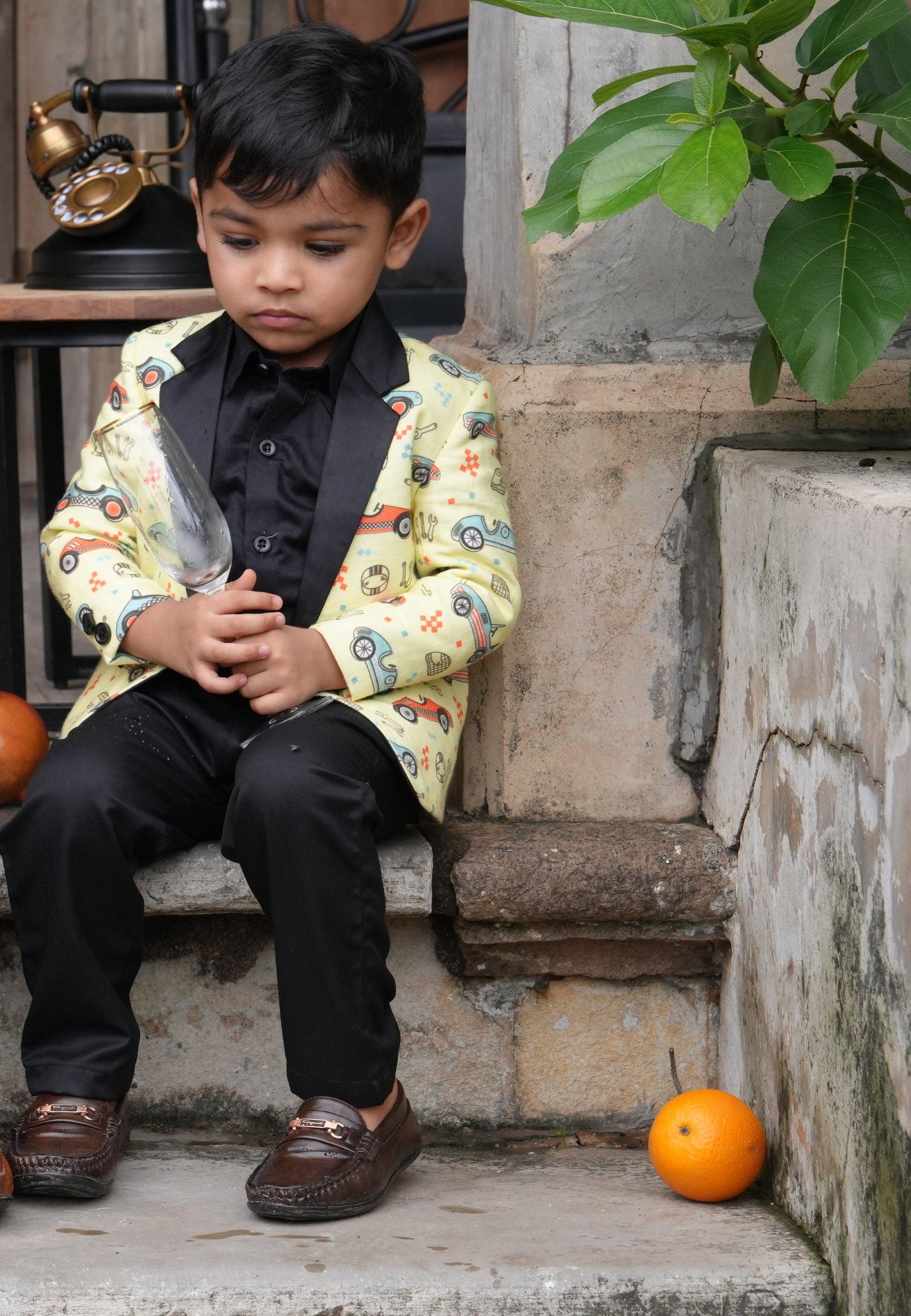 Car Printed Pure Linen Tuxedo Blazer , with cotton shirt and Cotton Pants Set with Complimentory Bow - Funny Bones Clothings