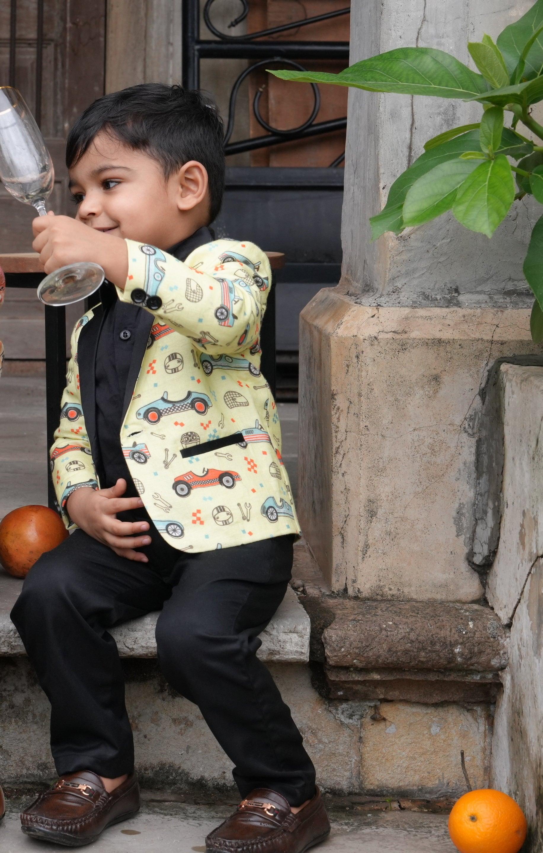 Car Printed Pure Linen Tuxedo Blazer , with cotton shirt and Cotton Pants Set with Complimentory Bow - Funny Bones Clothings