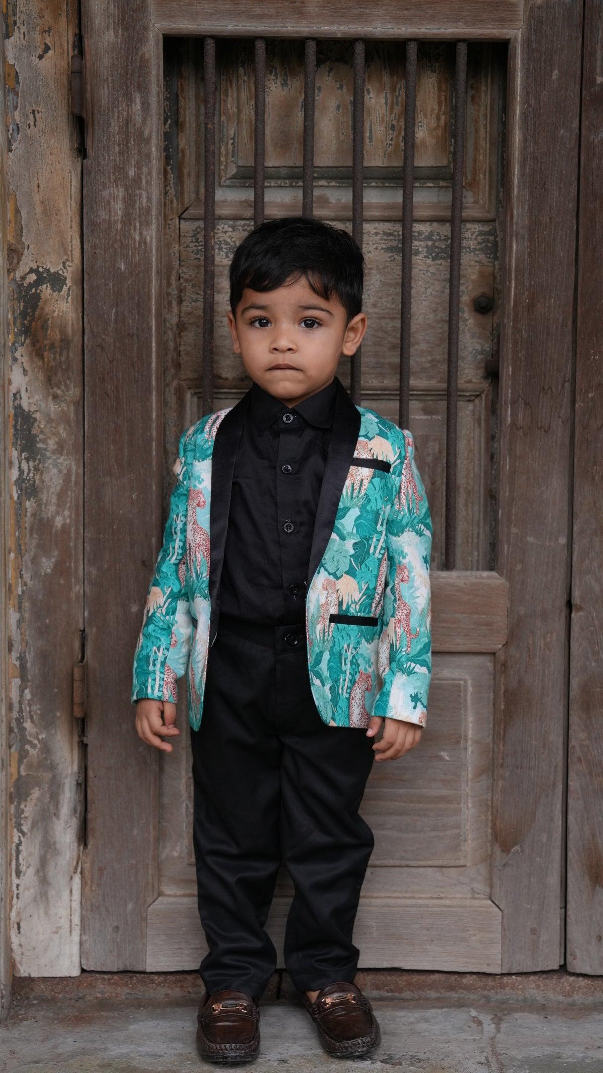 Green Forest and Leopard Printed Linen Blazer with Cotton Shirt and Pants Set with Complimentory Bow - Funny Bones Clothings