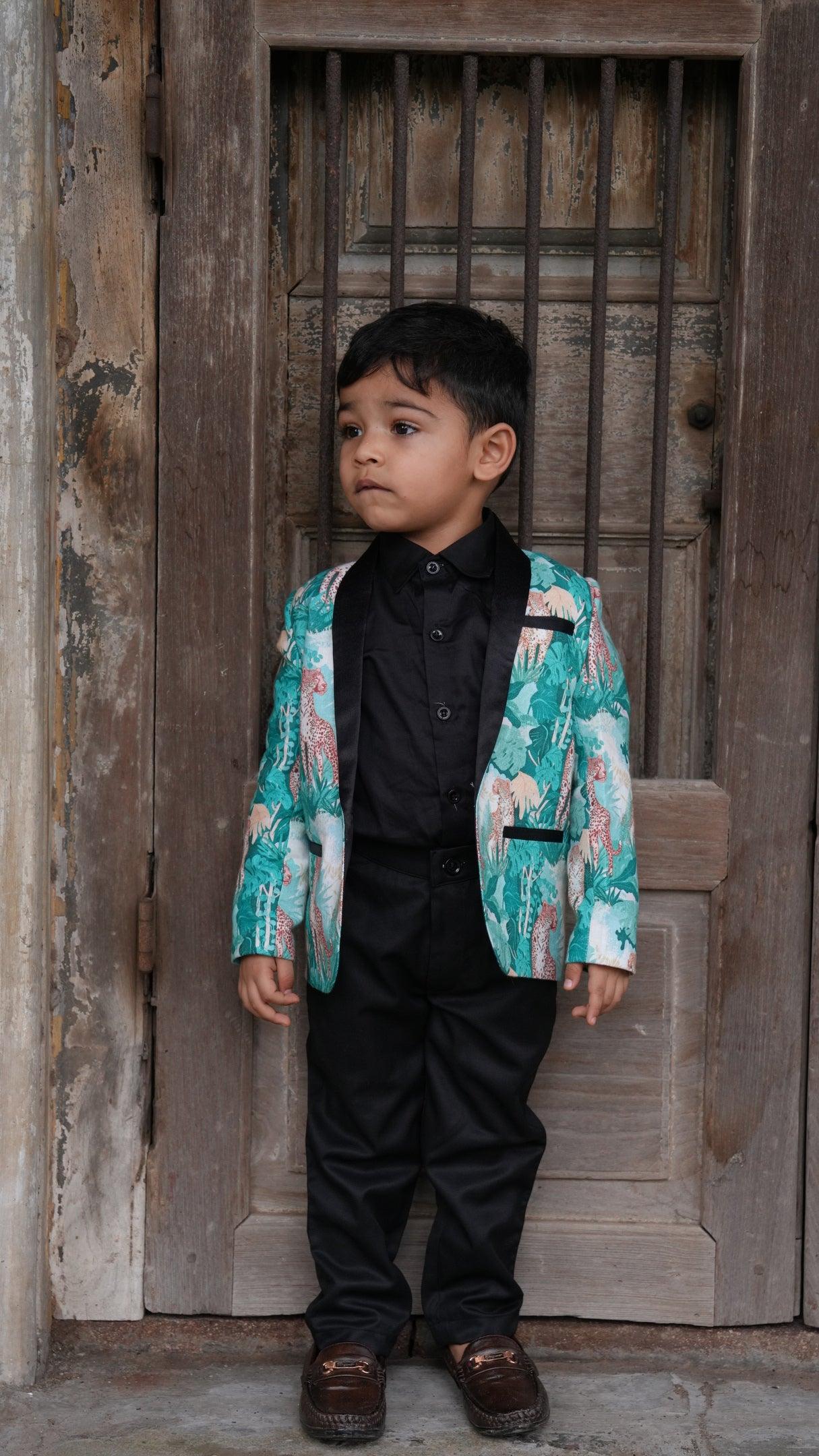 Green Forest and Leopard Printed Linen Blazer with Cotton Shirt and Pants Set with Complimentory Bow - Funny Bones Clothings