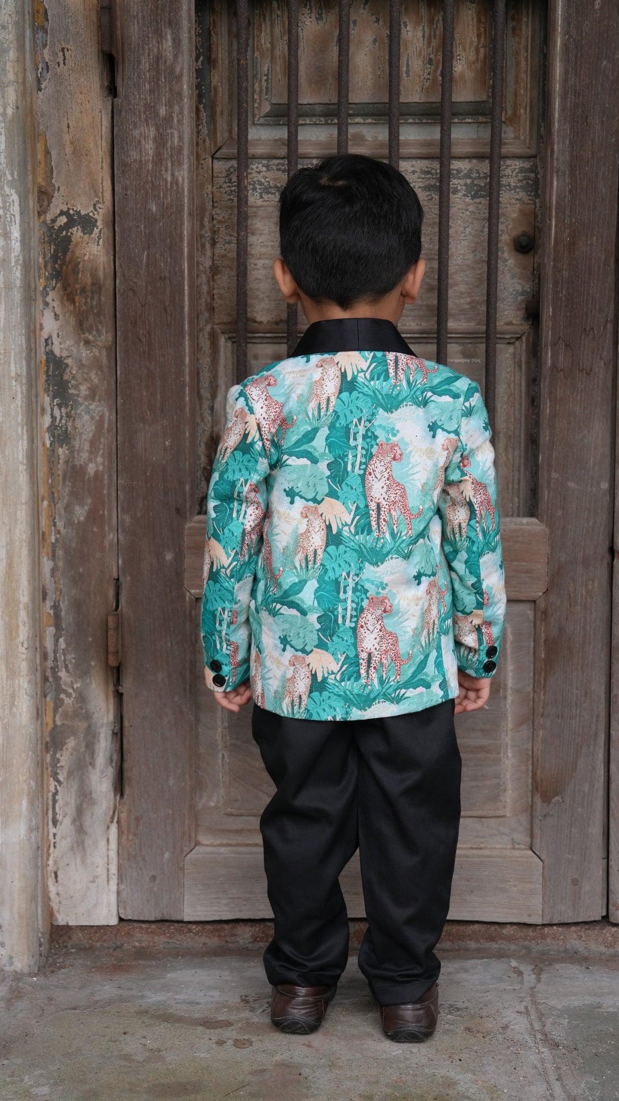 Green Forest and Leopard Printed Linen Blazer with Cotton Shirt and Pants Set with Complimentory Bow - Funny Bones Clothings