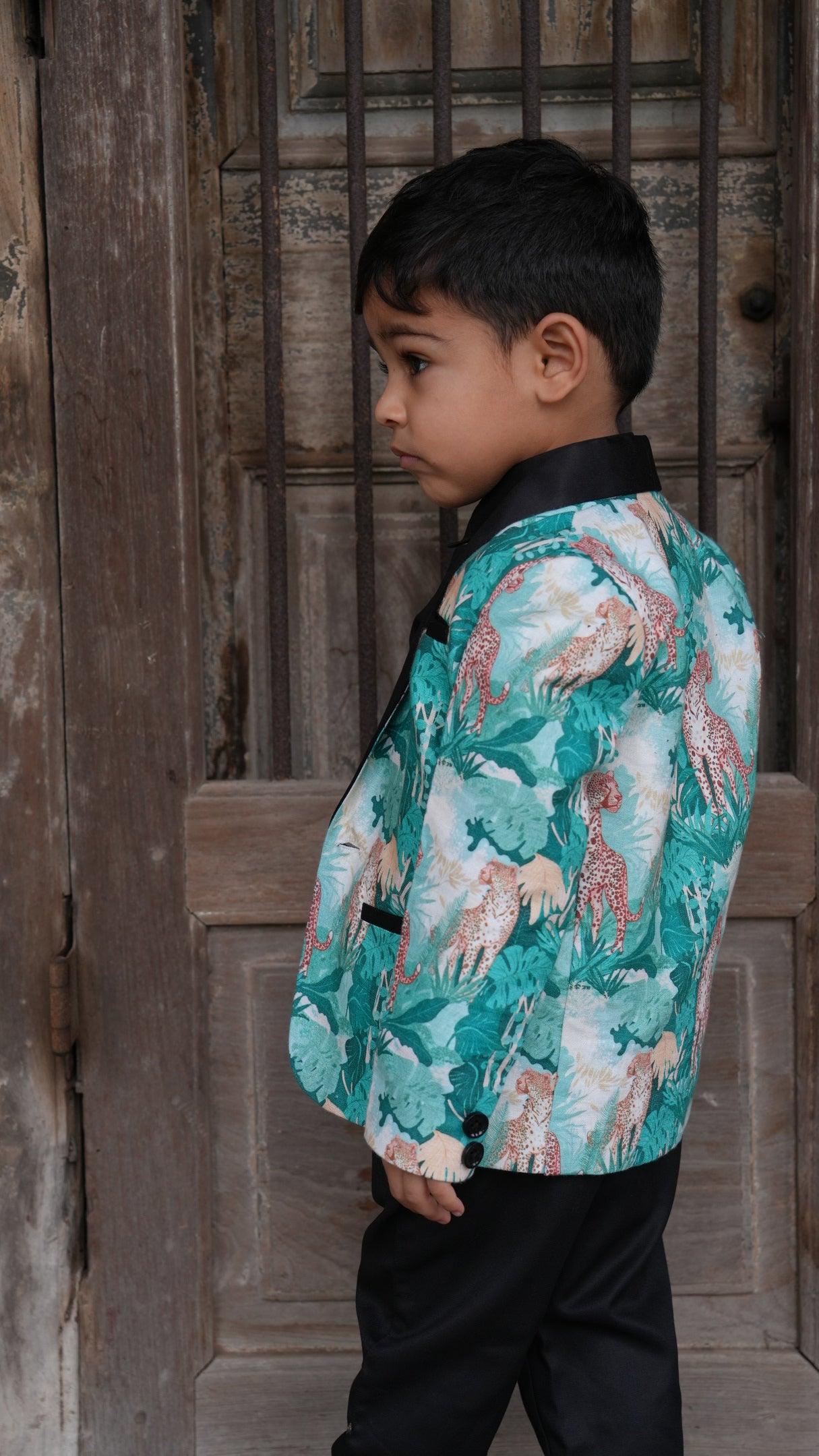 Green Forest and Leopard Printed Linen Blazer with Cotton Shirt and Pants Set with Complimentory Bow - Funny Bones Clothings