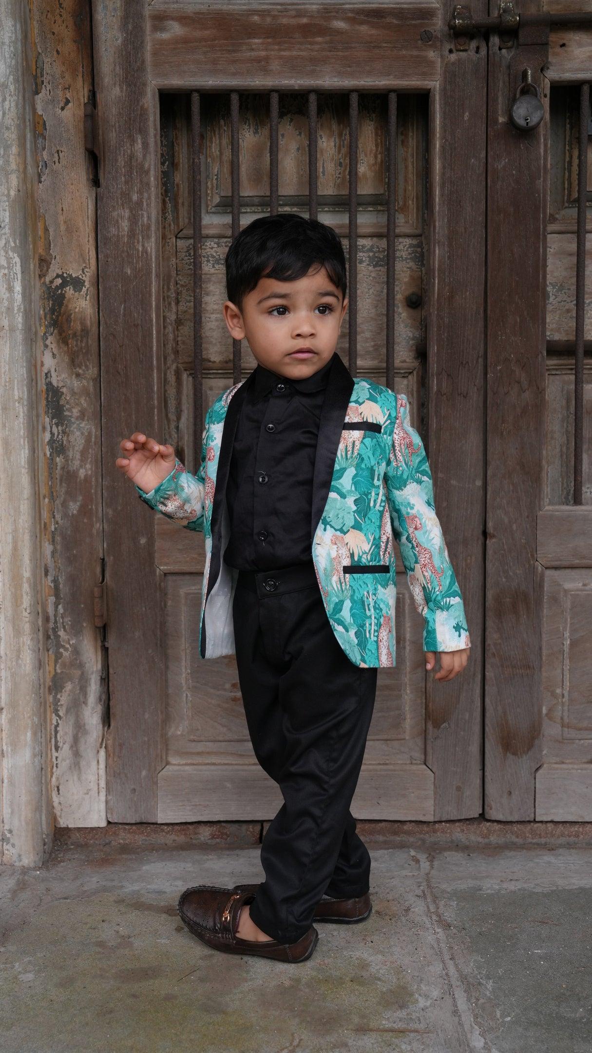 Green Forest and Leopard Printed Linen Blazer with Cotton Shirt and Pants Set with Complimentory Bow - Funny Bones Clothings