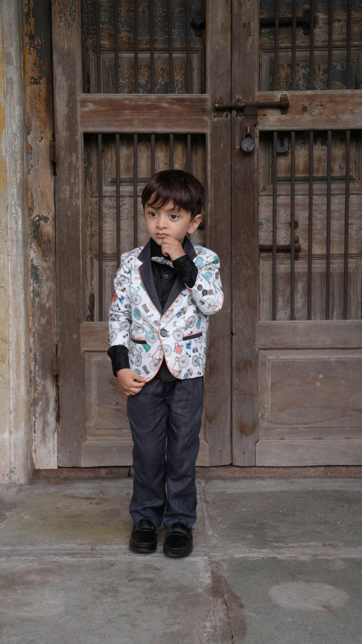 Camera Cycle Printed Tuxedo Blazer Set with Pure Cotton Shirt and Linen Pants Set with Complimentory Bow - Funny Bones Clothings