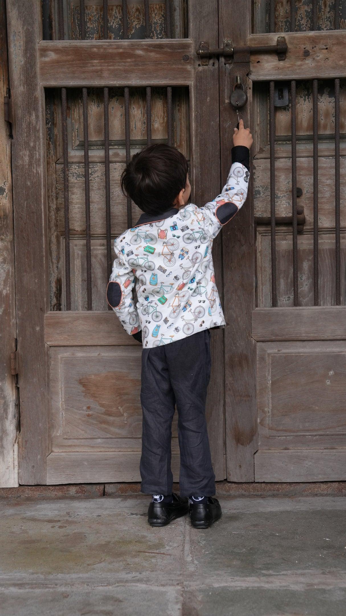 Camera Cycle Printed Tuxedo Blazer Set with Pure Cotton Shirt and Linen Pants Set with Complimentory Bow - Funny Bones Clothings