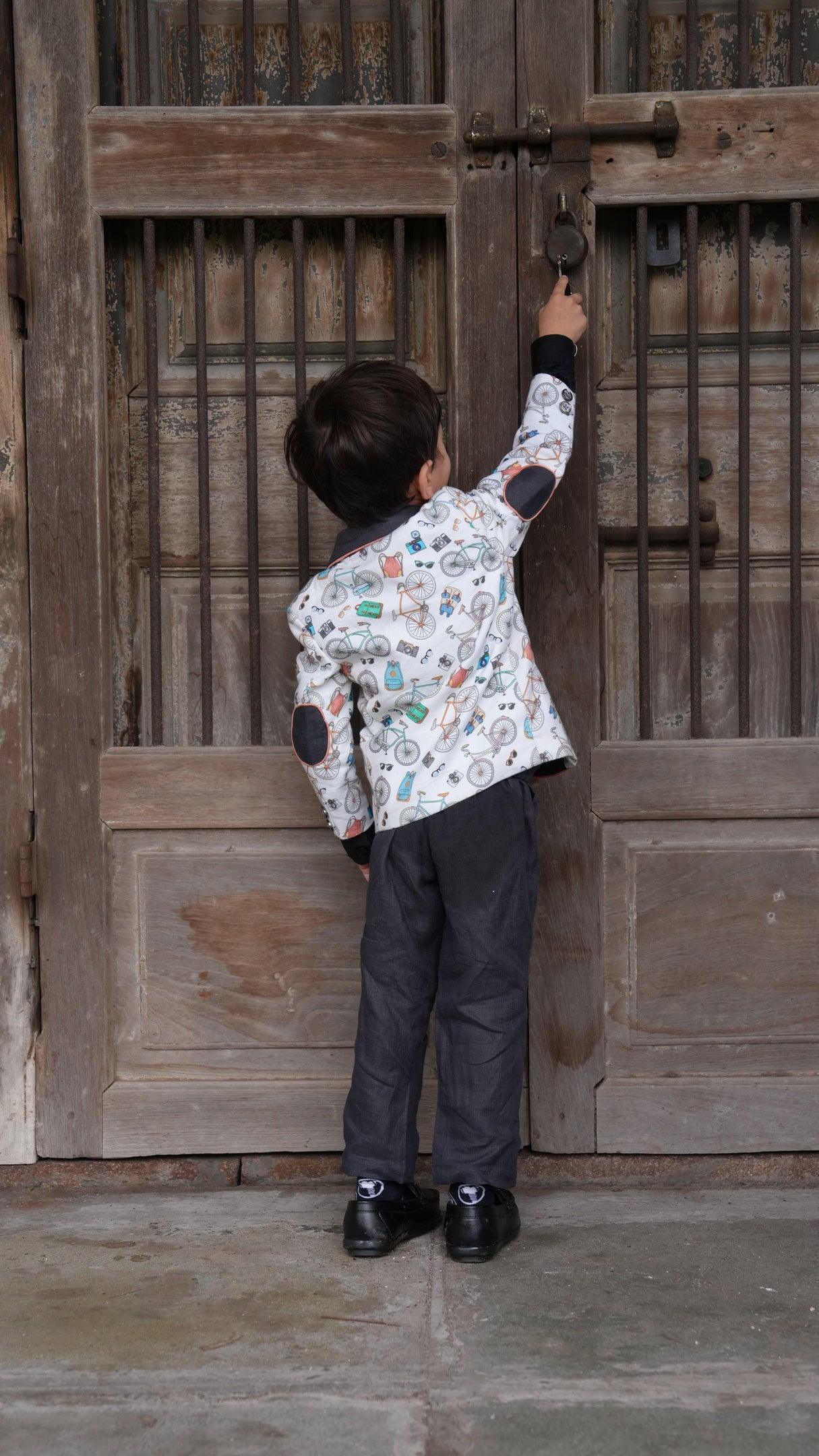 Camera Cycle Printed Tuxedo Blazer Set with Pure Cotton Shirt and Linen Pants Set with Complimentory Bow - Funny Bones Clothings