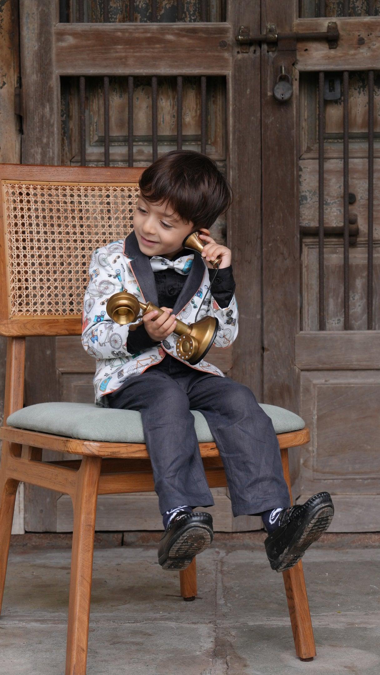 Camera Cycle Printed Tuxedo Blazer Set with Pure Cotton Shirt and Linen Pants Set with Complimentory Bow - Funny Bones Clothings