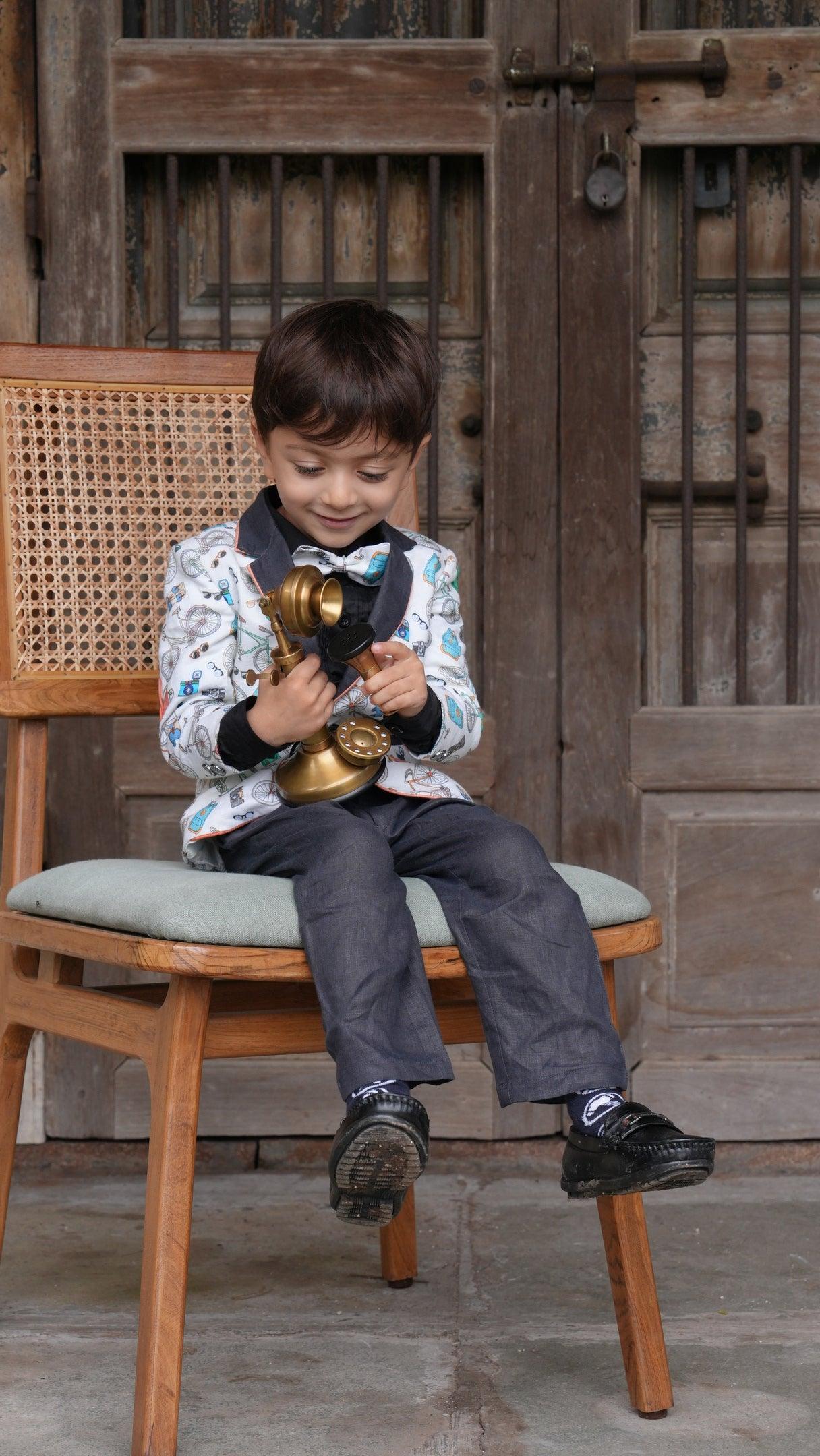 Camera Cycle Printed Tuxedo Blazer Set with Pure Cotton Shirt and Linen Pants Set with Complimentory Bow - Funny Bones Clothings