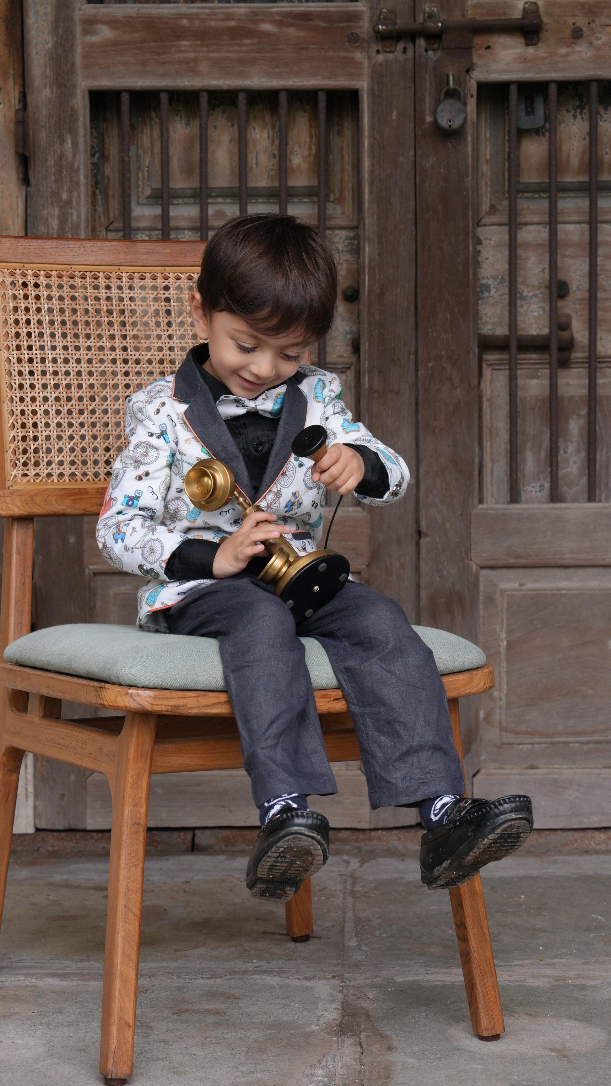 Camera Cycle Printed Tuxedo Blazer Set with Pure Cotton Shirt and Linen Pants Set with Complimentory Bow - Funny Bones Clothings