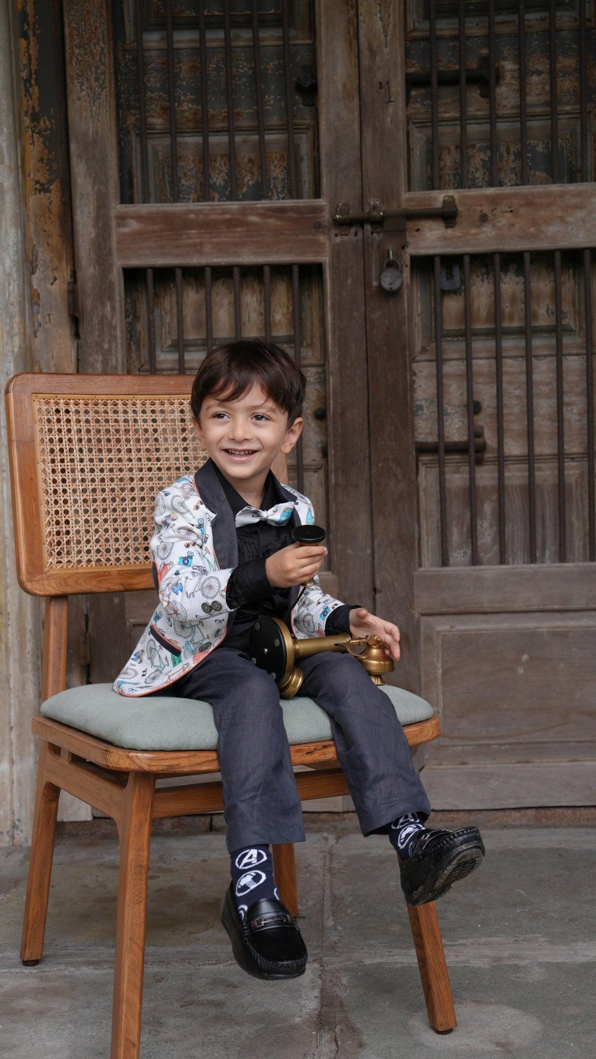 Camera Cycle Printed Tuxedo Blazer Set with Pure Cotton Shirt and Linen Pants Set with Complimentory Bow - Funny Bones Clothings