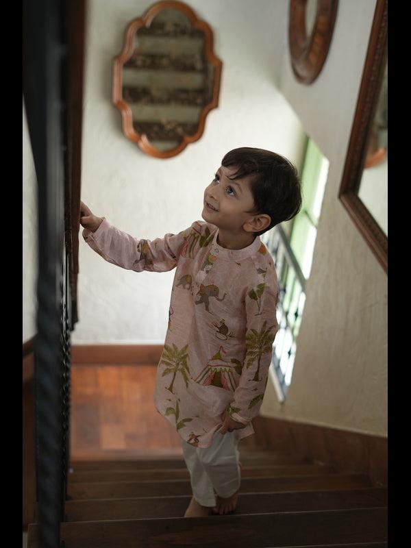 Elephant In Circus Print Pure Muslin Silk Kurta Pajama Set - Funny Bones Clothings