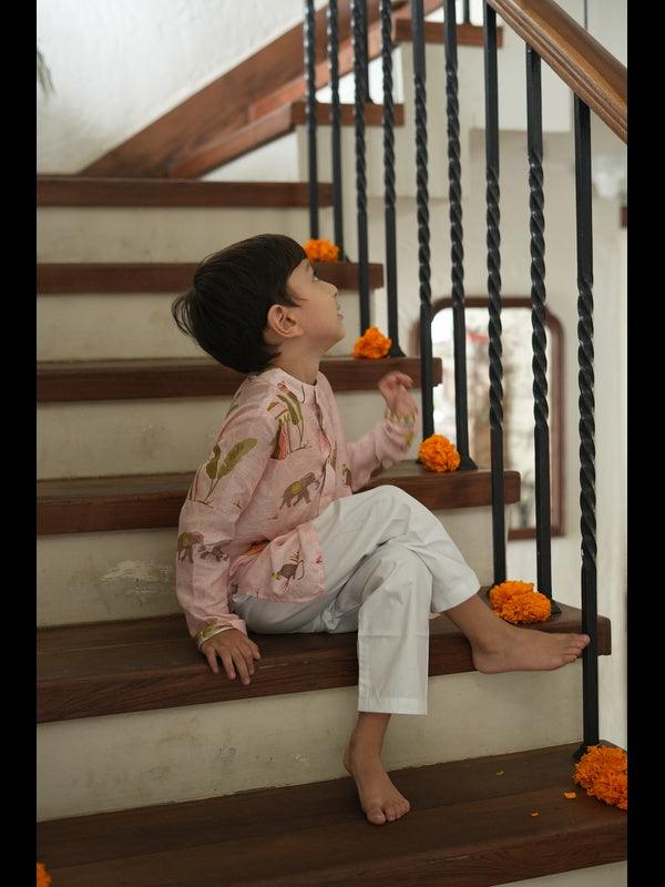 Elephant In Circus Print Pure Muslin Silk Kurta Pajama Set - Funny Bones Clothings